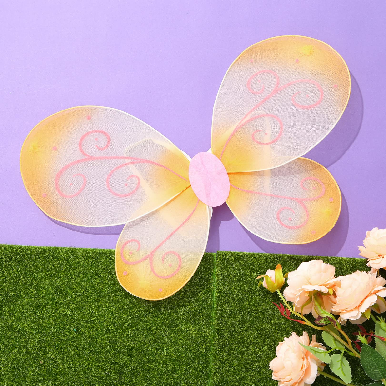 FEESHOW Flower Fairy Butterfly Wings - Yellow Elf Angel Costume Wings for Halloween, Cosplay, Masquerade Parties & Fairy Themed Events | One Size Fits All