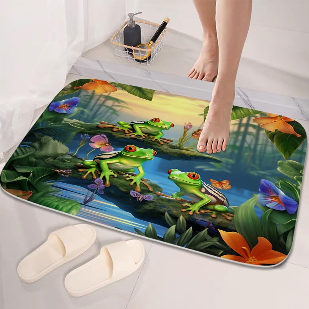 Non-Slip Cartoon Tropical Jungle Tree Frog Butterfly Bath Mat - Absorbent Coral Velvet Bathroom Rug with Rubber Backing, Soft Kitchen Floor Carpet (20x31 Inches) - Perfect for Bathroom Decor, Kids' Room & Eco-Friendly Home Accessories