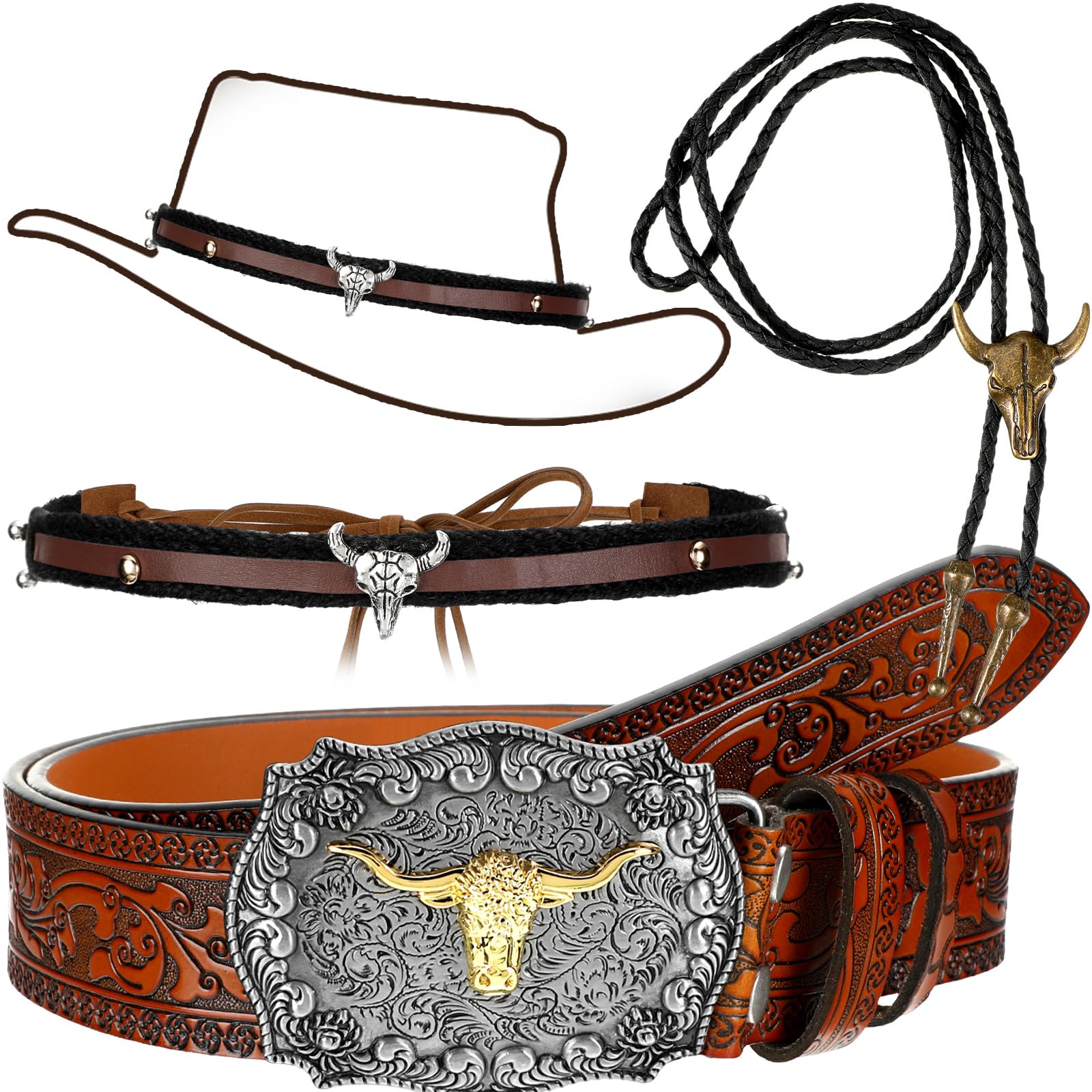 Vintage Cowboy Accessories Set for Men - 3-Piece Western Belt Buckle, Hat Band & Bolo Tie | Western Style Outfit & Costume Accessories for Rodeo, Halloween & Country Parties