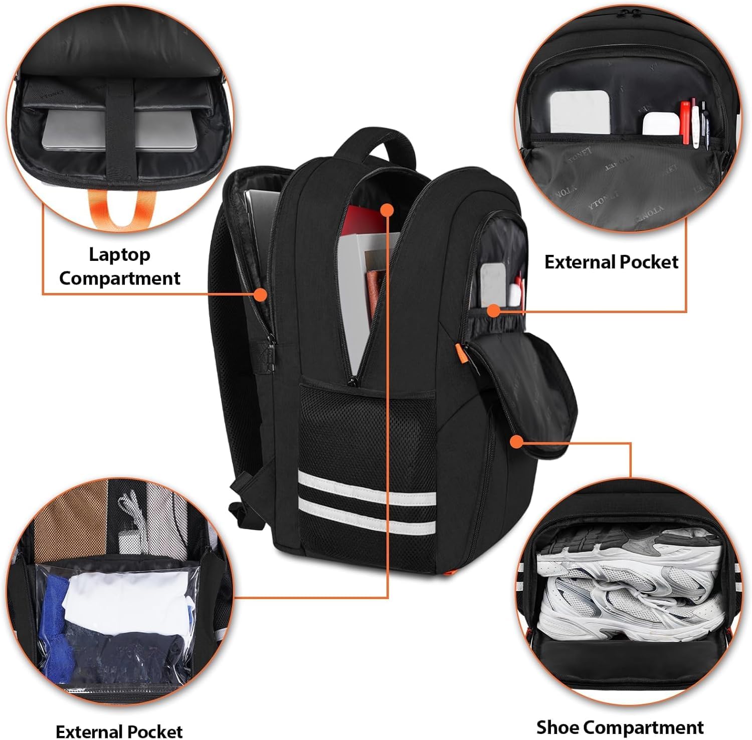 Ytonet Large Gym Backpack for Men & Women - Water Resistant Sports Backpack with Shoe Compartment & USB Charging Port - Travel, Workout & College Laptop Backpack Fits 15.6 Inch - Perfect for Gym, Travel, Camping & Daily Commute - Black