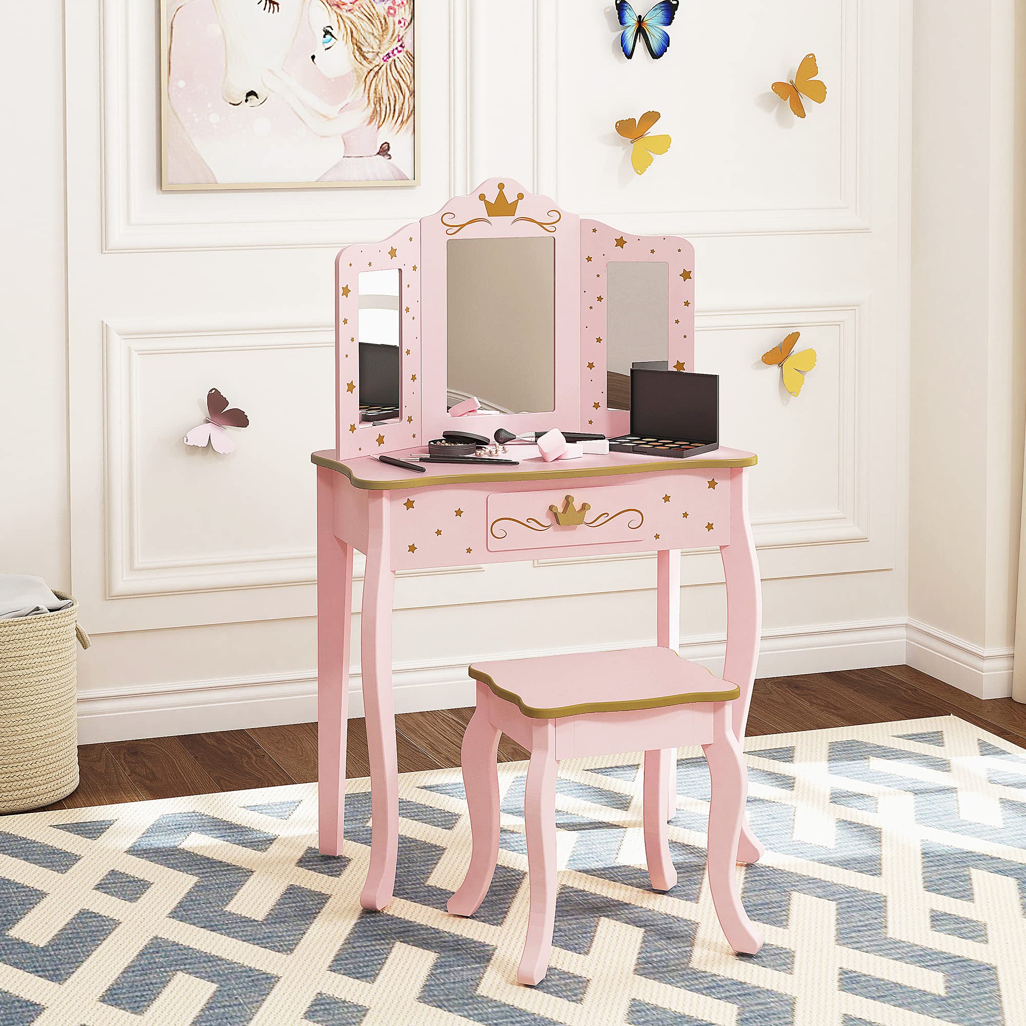 UTEX Kids Vanity Set with Mirror & Stool - Pink Pretend Play Makeup Dressing Table with Drawer for Little Girls | Perfect for Birthday Gifts, Role Play & Bedroom Decor