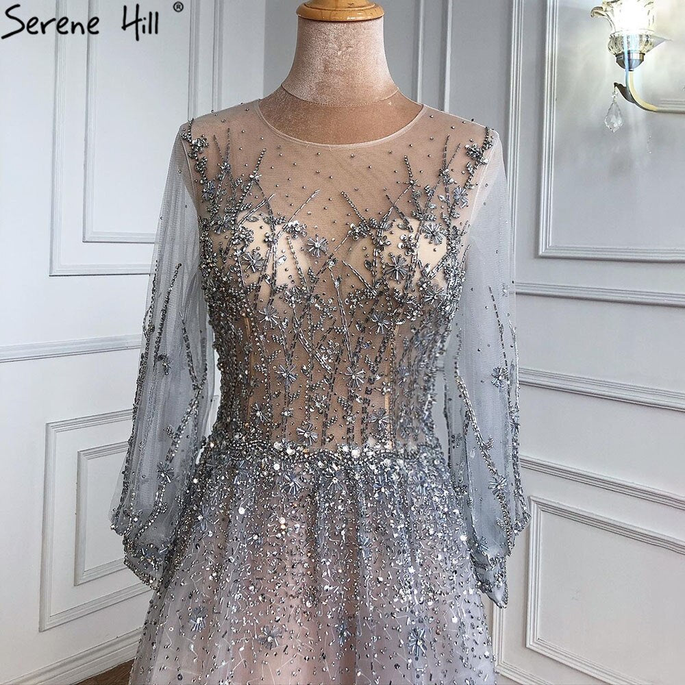 Luxury Silver Long Sleeve Evening Gown with Sequins & Beading - A-Line Formal Dress for Women | Dubai Style 2025 Collection | Perfect for Gala, Prom, Wedding & Special Occasions