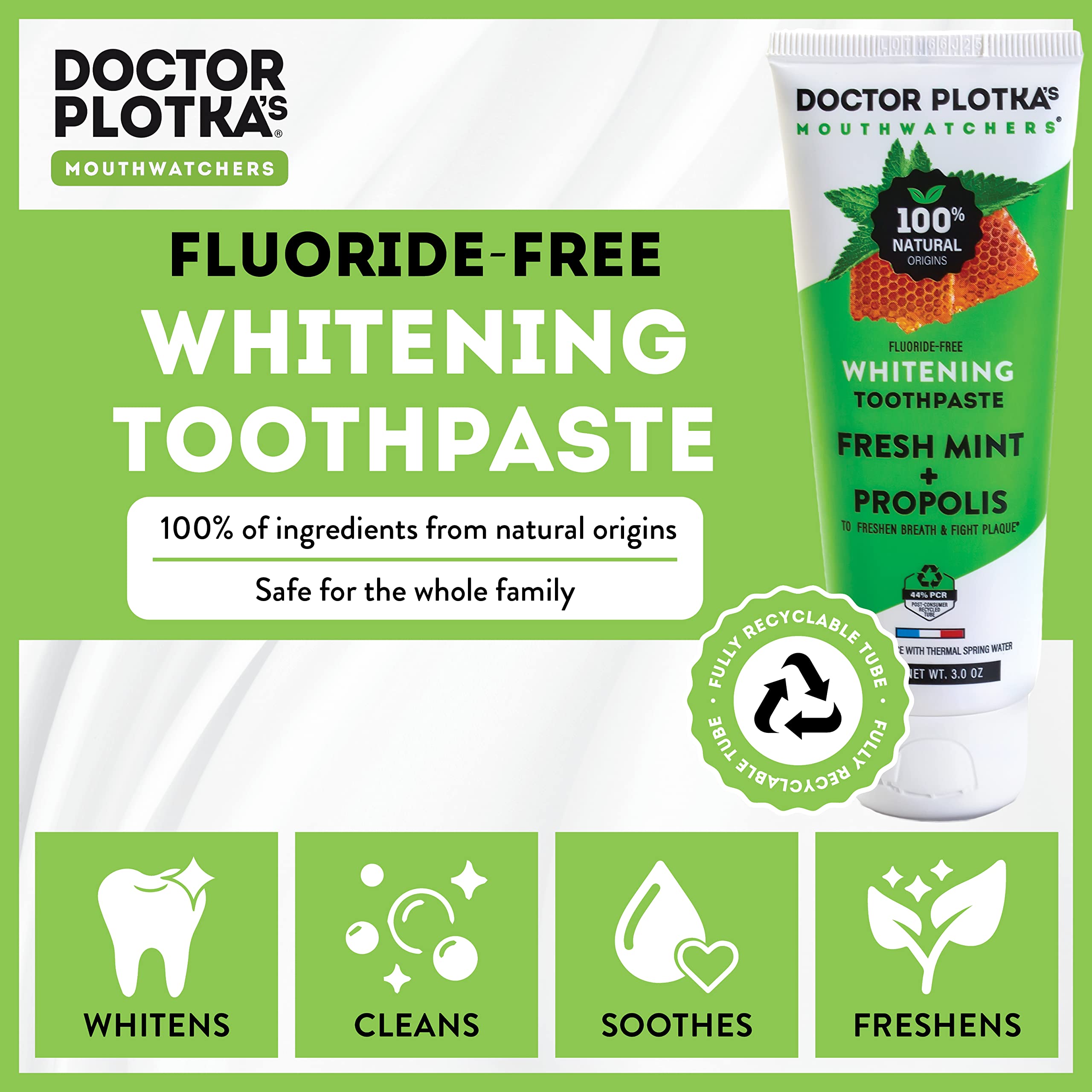 MOUTHWATCHERS Whitening Fluoride Free Natural Toothpaste for Sensitive Teeth & Gums - 2 Pack (3 oz Each) with Organic Mint & Propolis | Gentle Dental Care for Daily Use by Dr. Plotka's | Perfect for Travel & Home Oral Hygiene Routine