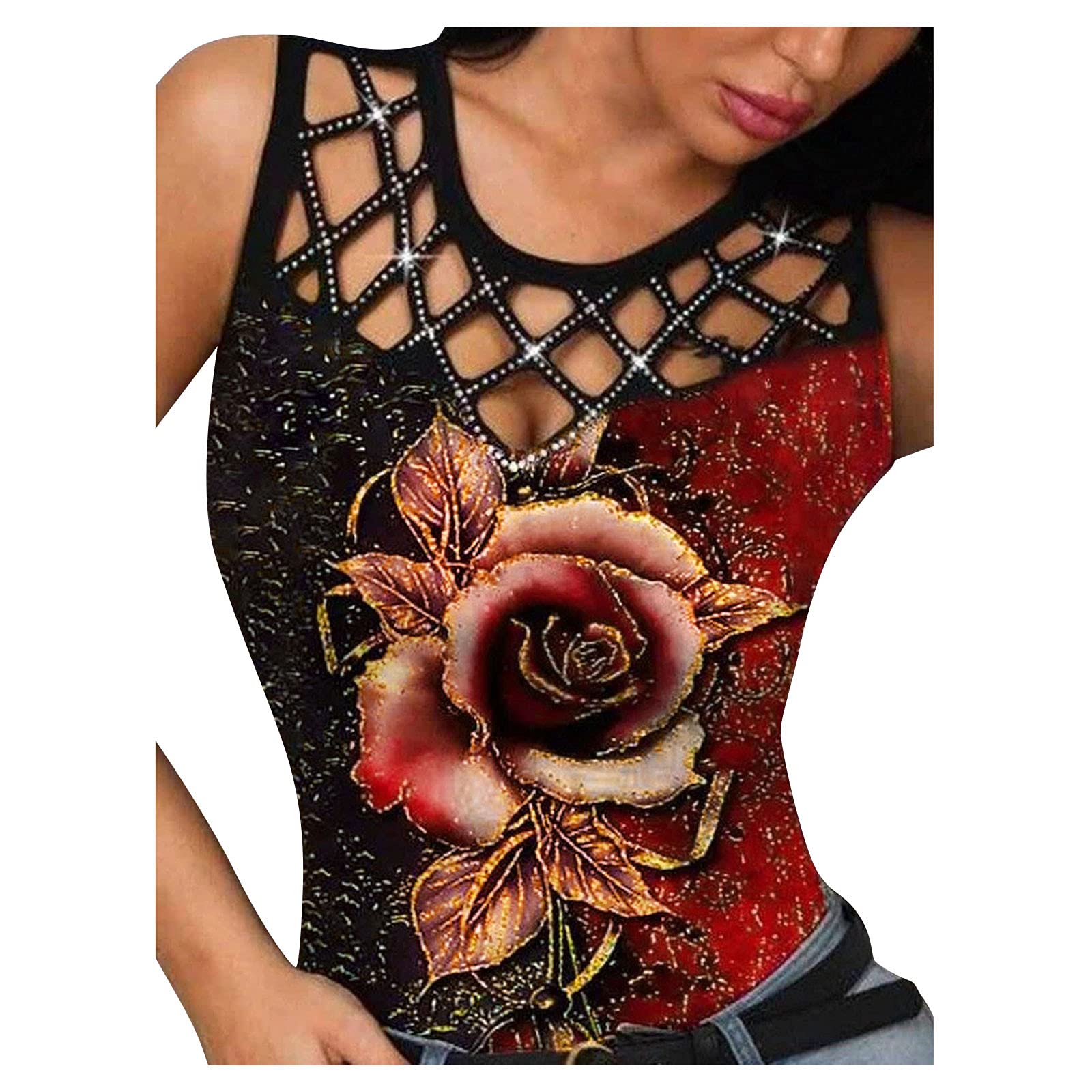 Women's Summer Sleeveless Rhinestone Lace Hollow Out Casual T-Shirt - Perfect for Beach, Party, and Everyday Wear