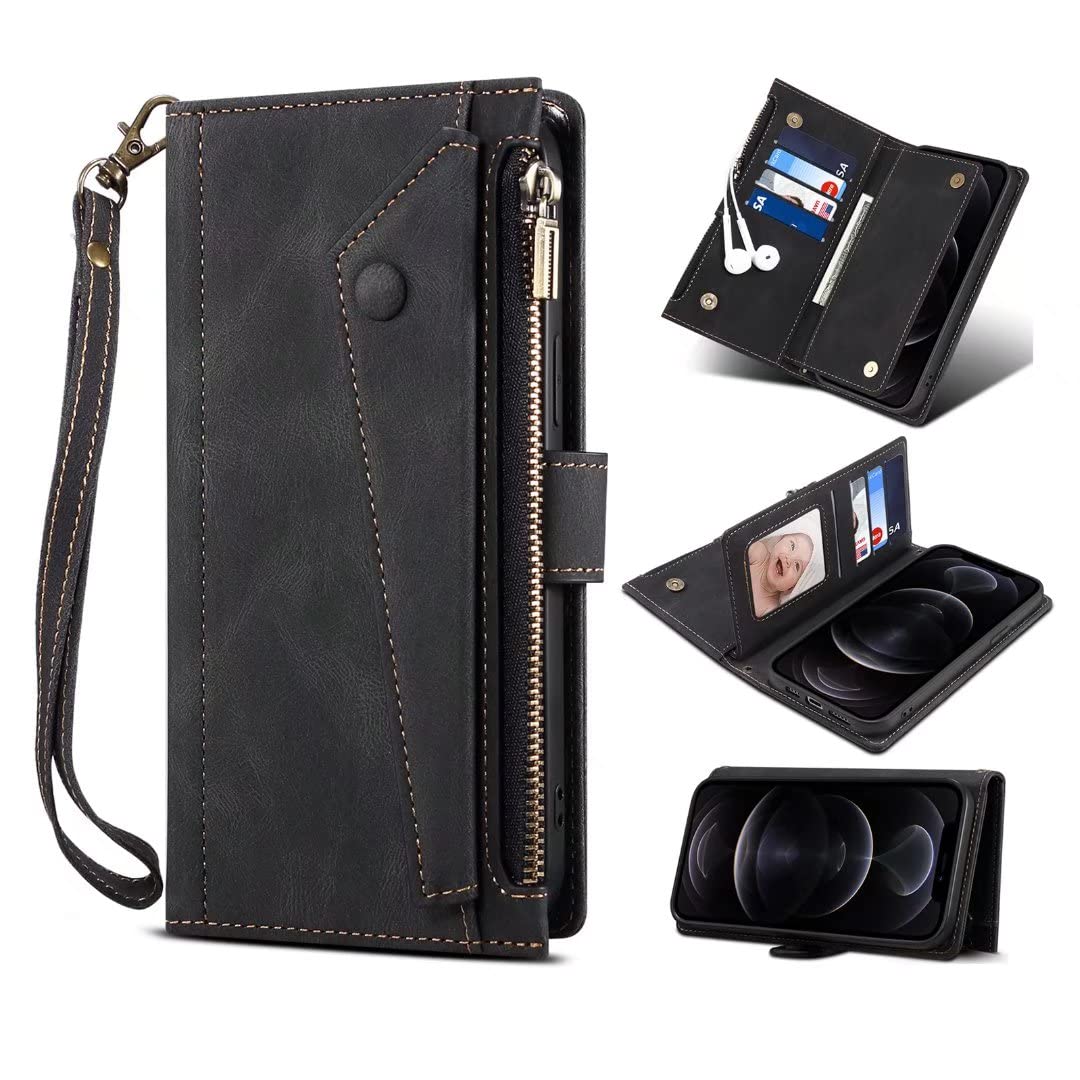 LBYZCASE iPhone 11 Pro Max Wallet Case - Premium Leather Folio Flip Cover with RFID Blocking, Zipper Pocket & Wrist Strap for Apple iPhone 11 Pro Max (Black) | Perfect for Business, Travel & Daily Protection