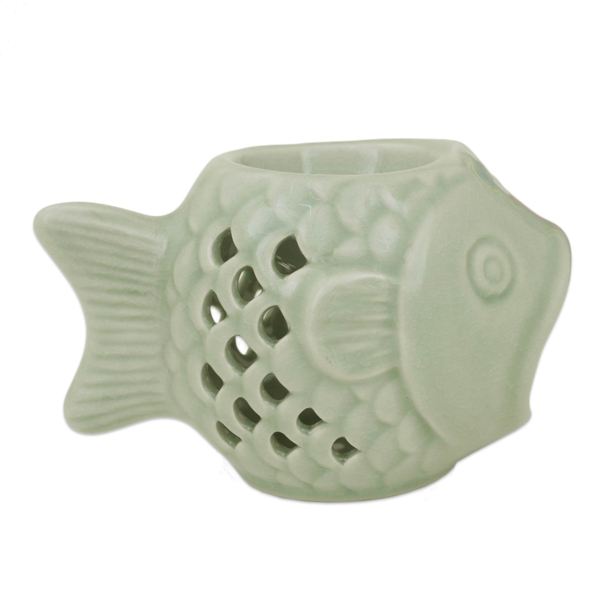 NOVICA Hello Fish Ceramic Oil Warmer - Aromatherapy Diffuser for Home, Office & Spa - Handmade Decorative Essential Oil Burner with Relaxing Scents