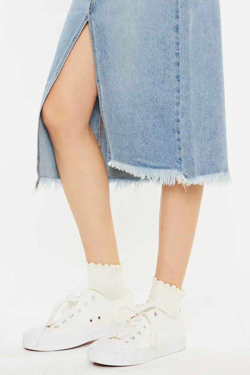 Indigo High Rise Midi Skirt for Women - Stretchy A-Line Denim Skirt with Pockets | Perfect for Casual Outfits, Office Wear & Date Nights