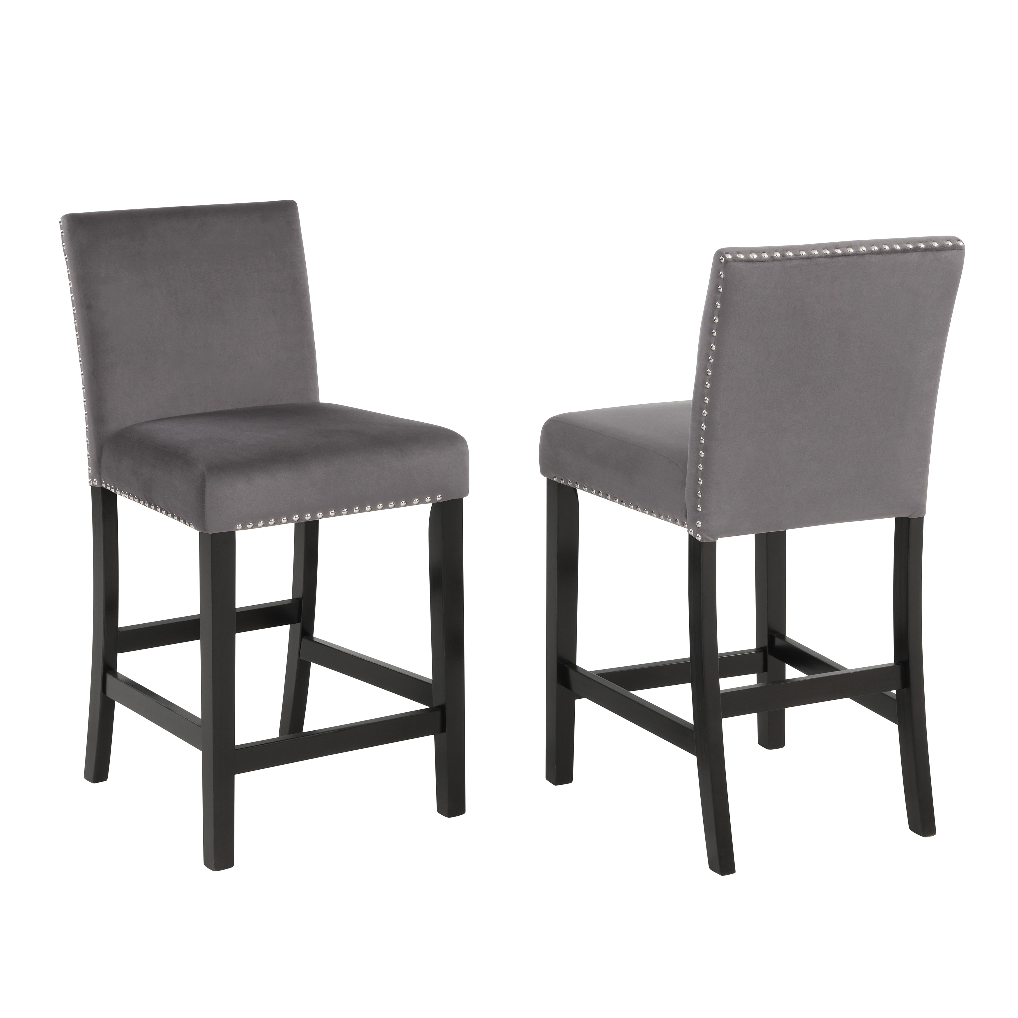 Roundhill Furniture Cobre Contemporary Velvet Counter Stool with Nailhead Trim - Set of 2 Bar Stools, Gray Velvet Upholstery, Modern Kitchen Island Seating for Dining Room, Bar or Breakfast Nook