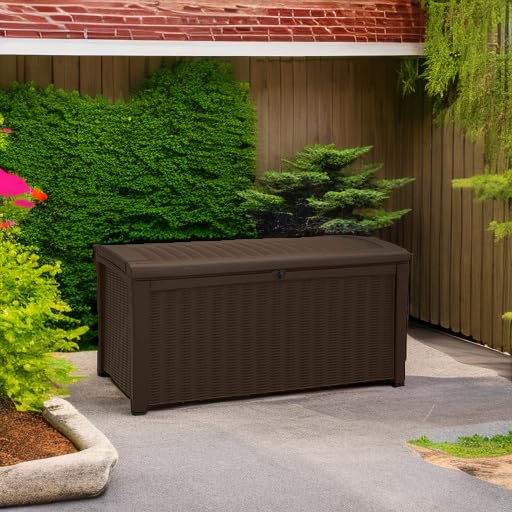 Keter 110 Gallon Outdoor Storage Deck Box - Waterproof Patio Bin for Garden, Pool & Backyard Organization (Borneo Brown) - Perfect for Storing Cushions, Toys & Gardening Tools