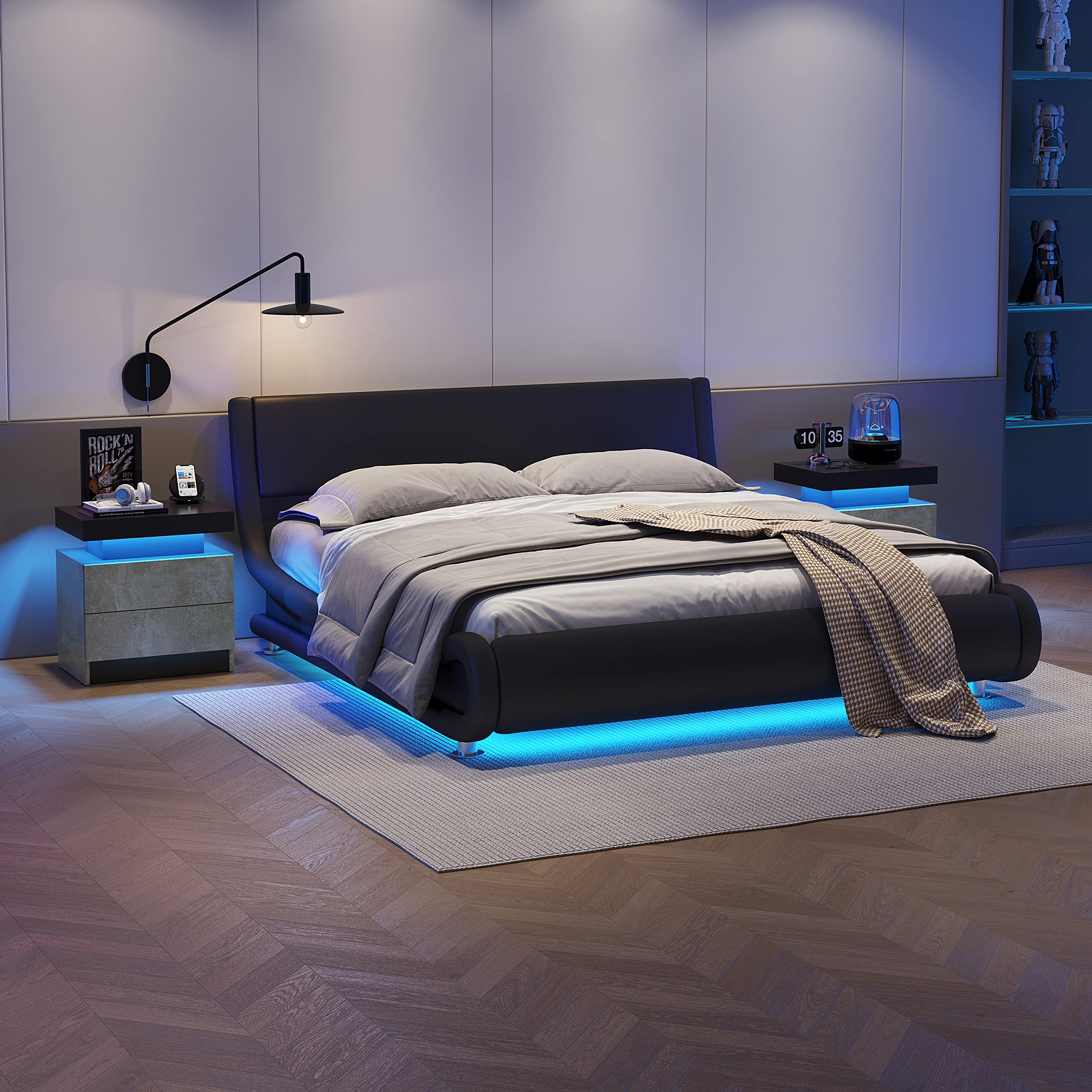 Modern LED Nightstand with 2 Drawers - Grey End Side Table with USB Charging Port | Bedroom & Living Room Furniture for Small Spaces, Apartments & Dorm Rooms