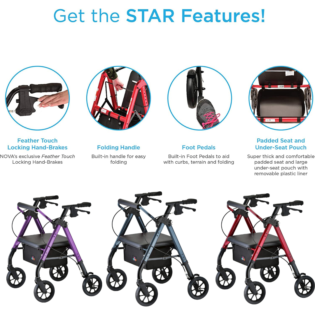 Heavy Duty Star 8 Rollator Walker for Seniors & Bariatric Patients - Foldable Mobility Aid with Seat & Basket for Indoor/Outdoor Use
