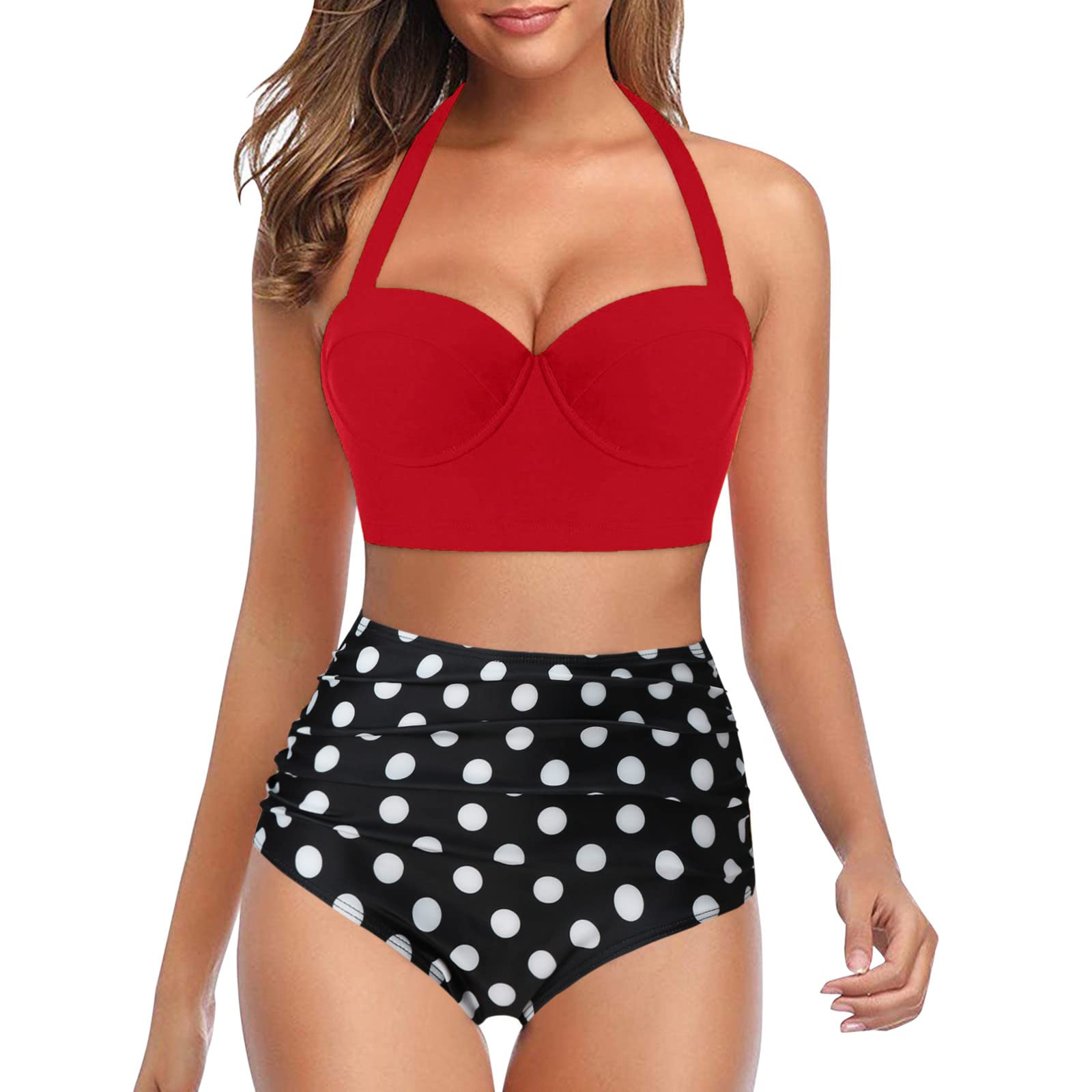 Vintage High Waisted Halter Bathing Suits for Women - Ruched Front Tankini Top with Retro Wrap Shorts | Swimwear for Beach, Pool & Summer Vacation
