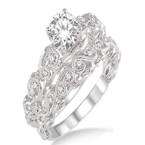 1.00 Carat Infinity Antique Bridal Set - Round Cut Diamond Moissanite Engagement Ring in 10K White Gold - Perfect for Wedding, Proposal & Anniversary Gifts