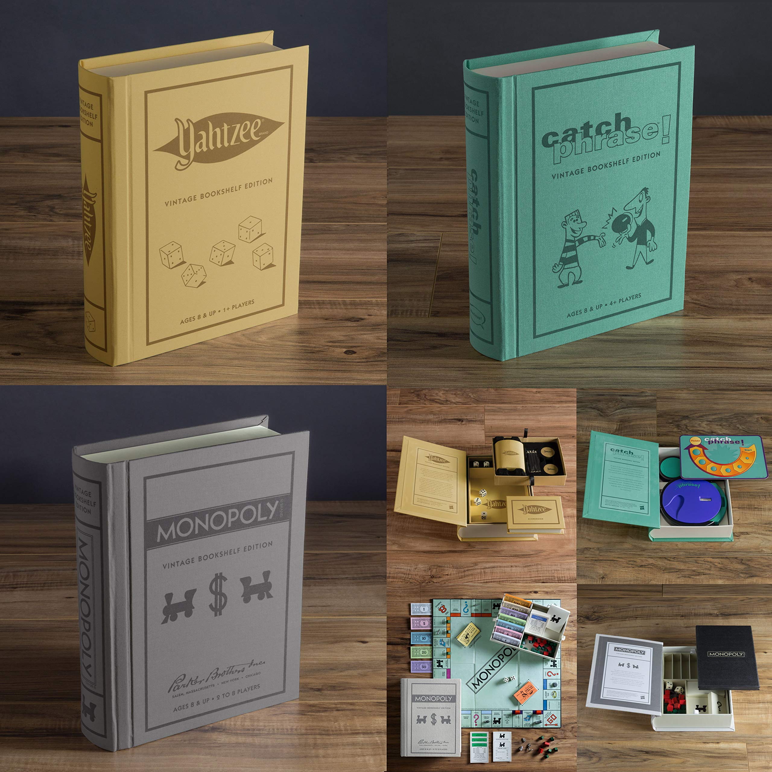 WS Game Company Monopoly, Yahtzee, and Catch Phrase Vintage Board Game Bookshelf Collection - Classic Family Board Games Set for Game Nights, Parties, and Collectors