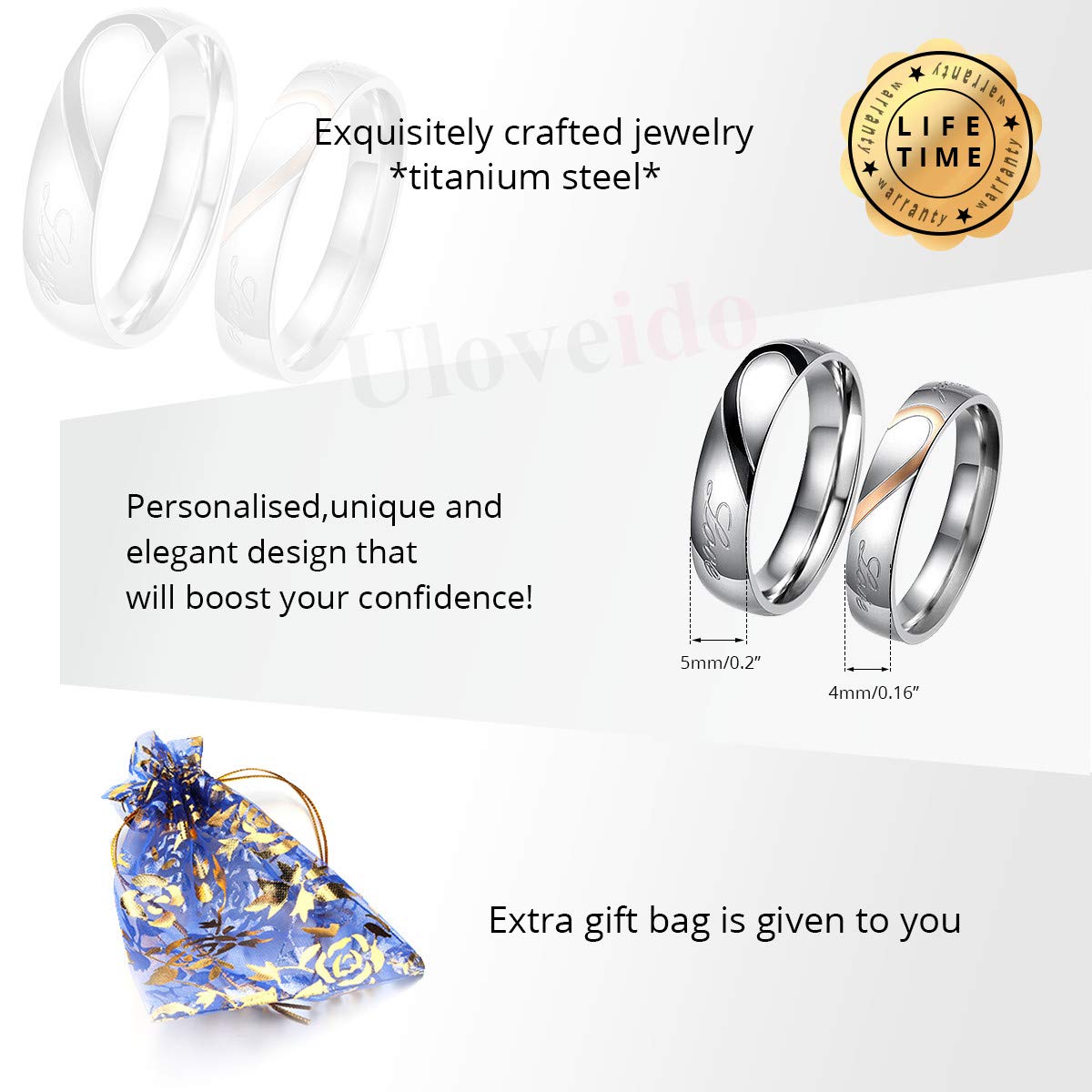 Uloveido Titanium & Stainless Steel Couple Wedding Rings Set - Engravable Matching Engagement Bands for Him & Her (Y552) - Perfect for Anniversaries, Proposals & Romantic Gifts
