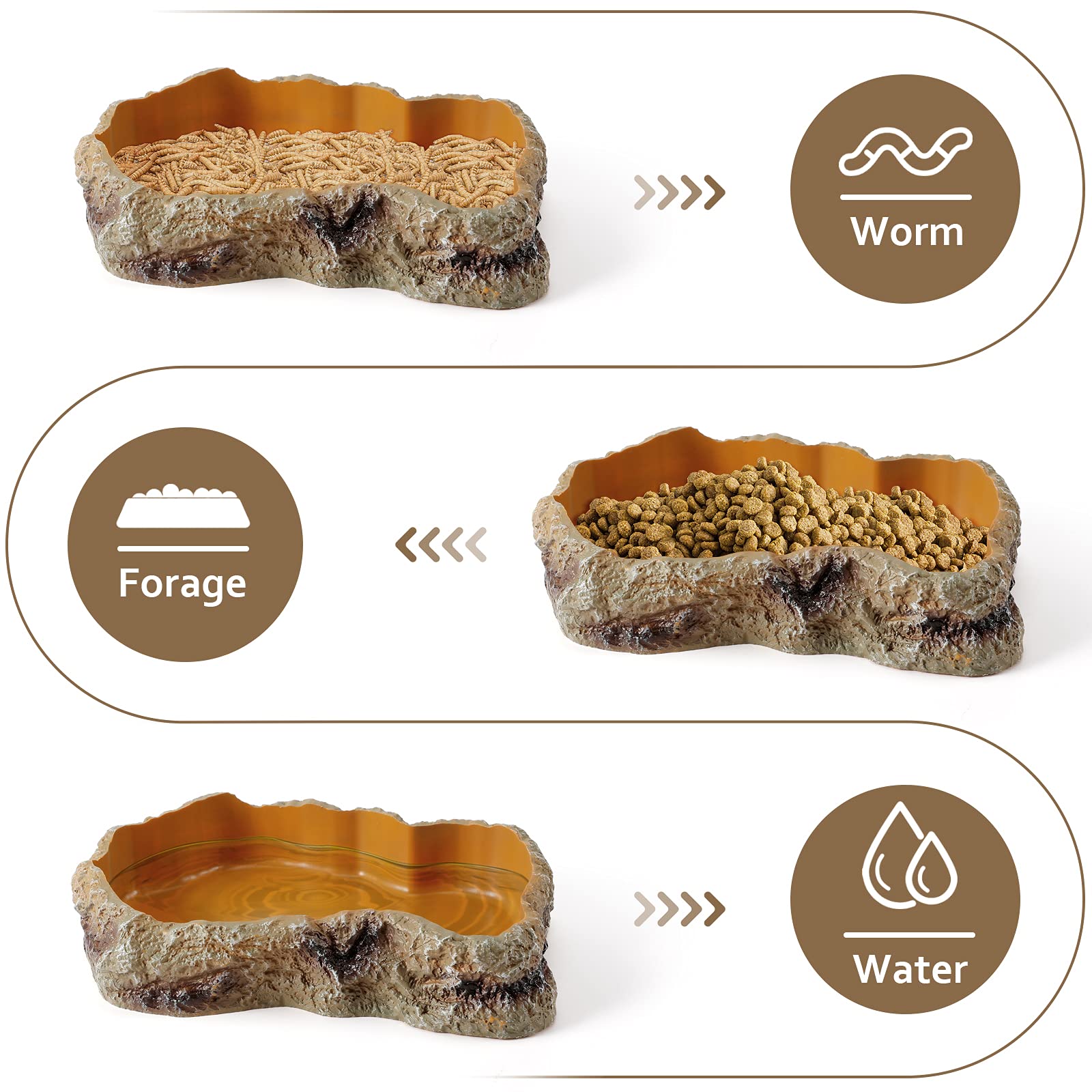 Natural Resin Reptile Food & Water Rock Bowls - Dual-Purpose Worm Feeder Dish & Terrarium Decor for Lizards, Chameleons, Frogs, Bearded Dragons | Perfect for Desert & Tropical Habitat Setups