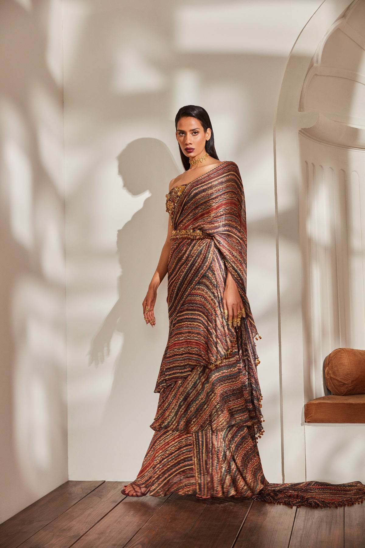 Elegant Stripe Print Ruffle Saree with Tube Top & Belt - Baroque Handwork for Women's Party Wear & Special Occasions