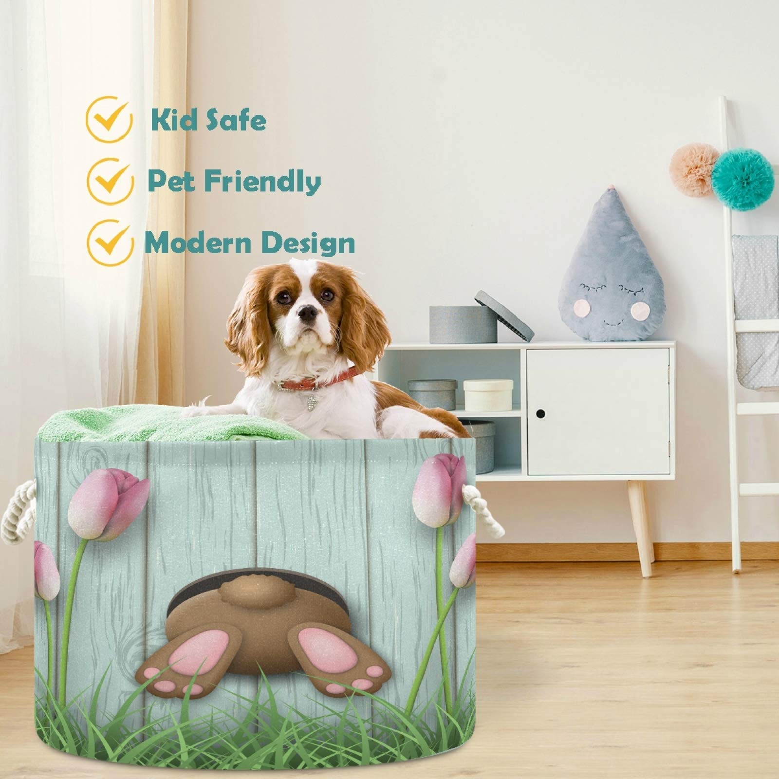Visesunny Collapsible Large Capacity Storage Basket - Easter Brown Bunny Pink Tulip Design for Clothes, Toys & Laundry | Durable Cotton Handles | Space-Saving Home Organizer for Bathroom, Bedroom, Nursery & Closet | Perfect for Holiday Decor, Kids Room & Laundry Day Organization