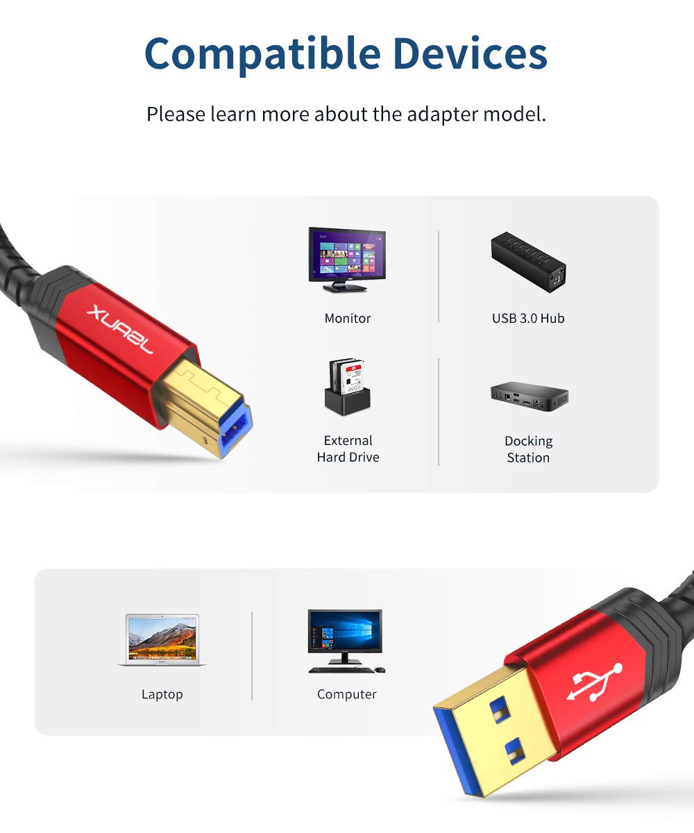 JSAUX 6.6FT USB 2.0 & 3.0 Printer Cable A Male to B Male - Compatible with HP, Epson Printers, Docking Stations, External Hard Drives, Scanners - Perfect for Home Office, Business Printing & Device Connectivity