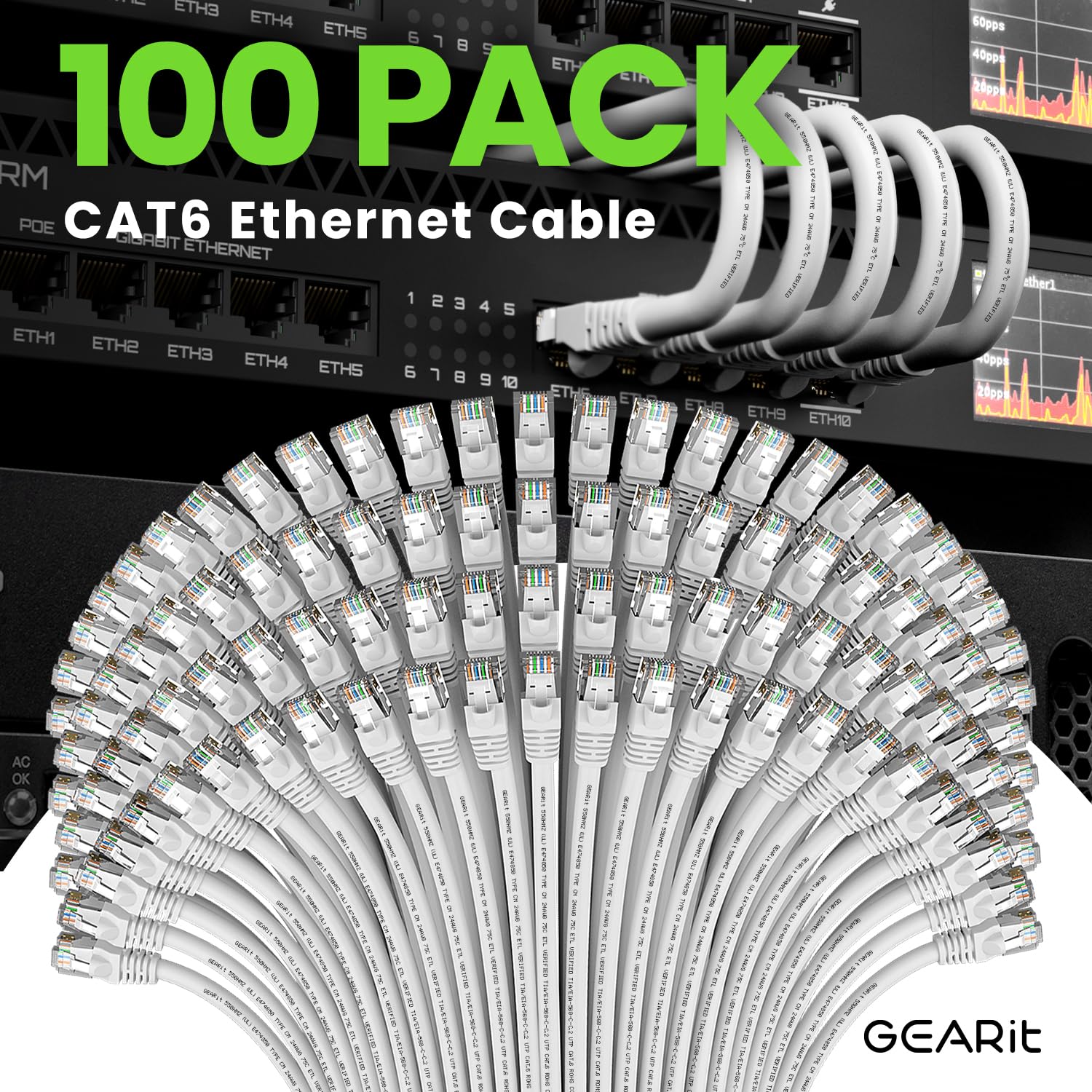 GEARit Cat 6 Ethernet Cable 100-Pack (3 Feet) - 10Gbps High-Speed Snagless RJ45 Network Patch Cord with Gold-Plated Connectors for PC, TV, Tablet, Router, Printer, Servers & Data Centers - White | Perfect for Home Office, Gaming Setup & IT Infrastructure