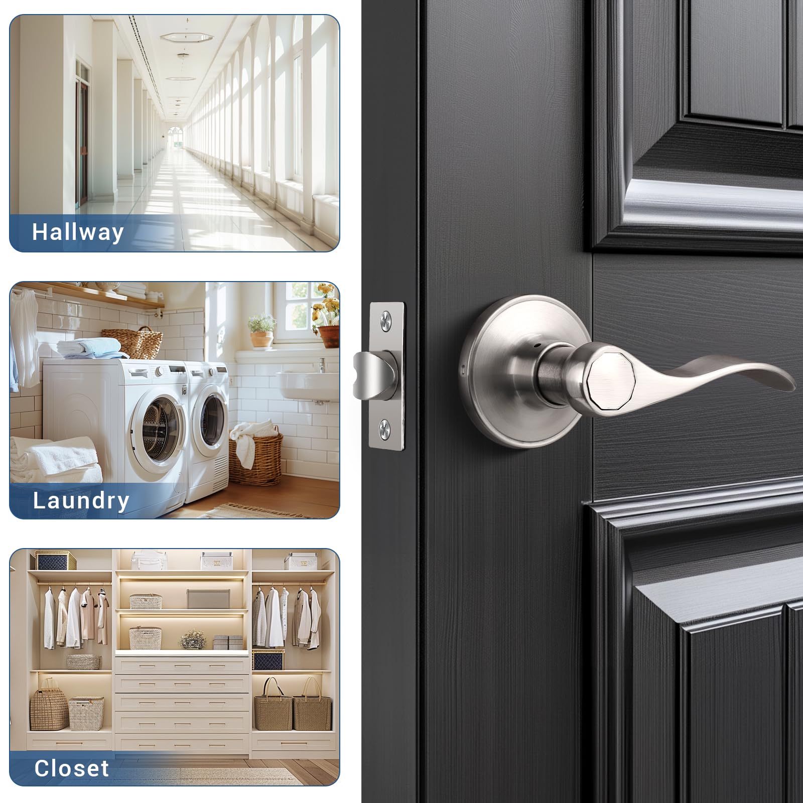 15 Pack Satin Nickel Door Handles - Wave Style Passage Door Levers for Hall Closet - Stainless Steel Interior Door Hardware - Perfect for Bedrooms, Bathrooms & Closet Doors