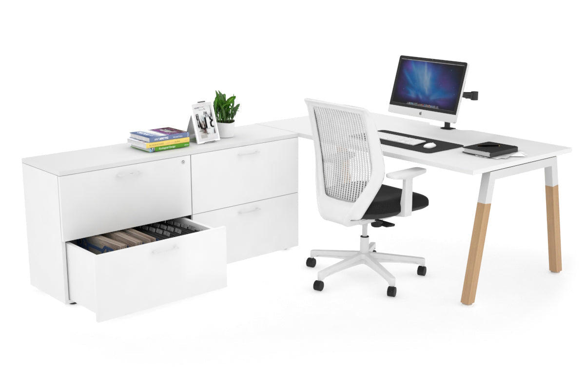 Premium Quadro A-Legs Executive Desk - Solid Wood Legs with White Cross Beam [1600L x 800W] - Modern Office Furniture for Home & Workspace - Includes Cable Management Scallop for Neat Setup