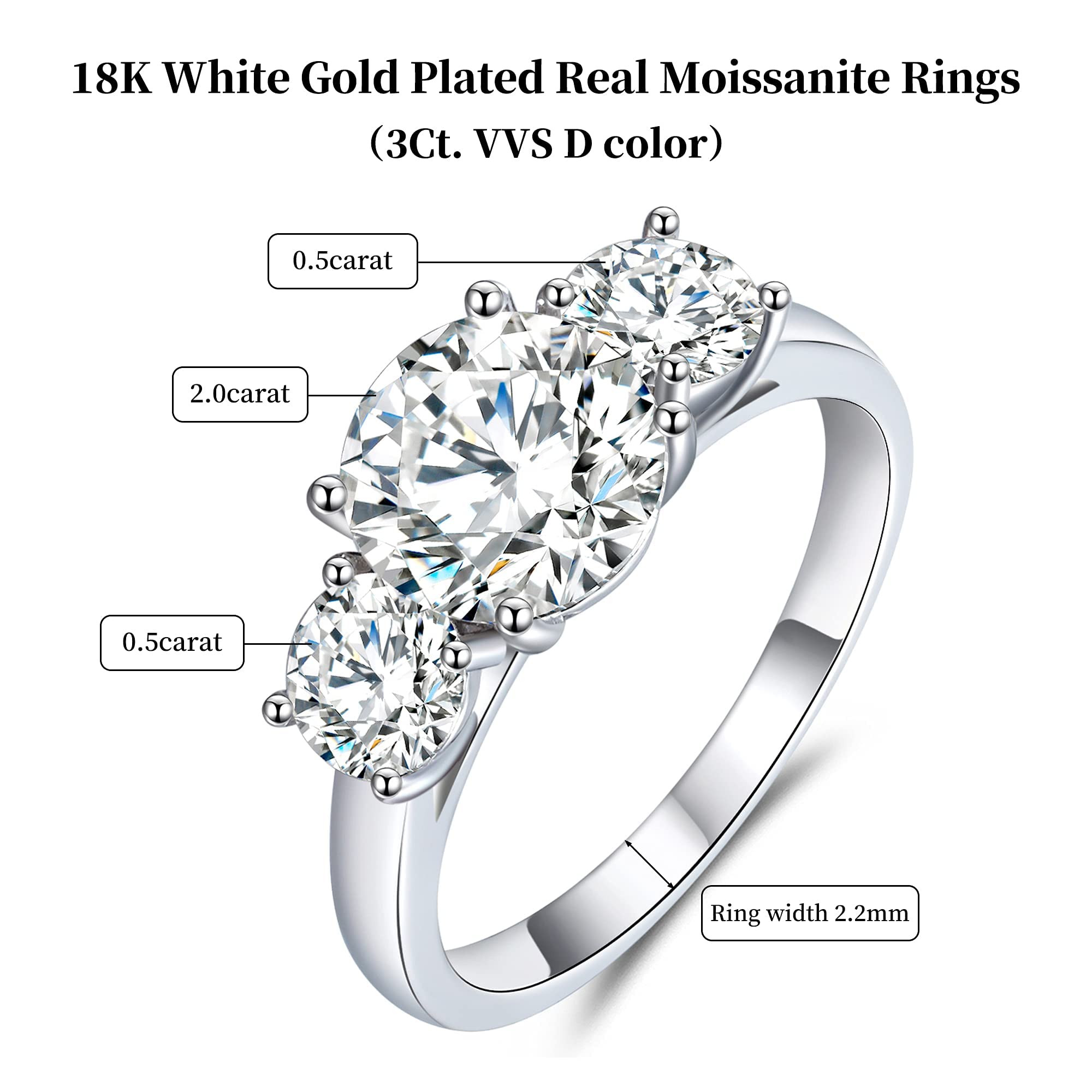 2.66-3ct Moissanite Engagement Ring for Women - 18K White Gold Plated Silver Three Stone Ring, D Color VVS1 Clarity Wedding Band - Perfect for Proposals, Anniversaries & Promise Gifts (Ideal for Romantic Occasions & Special Moments)