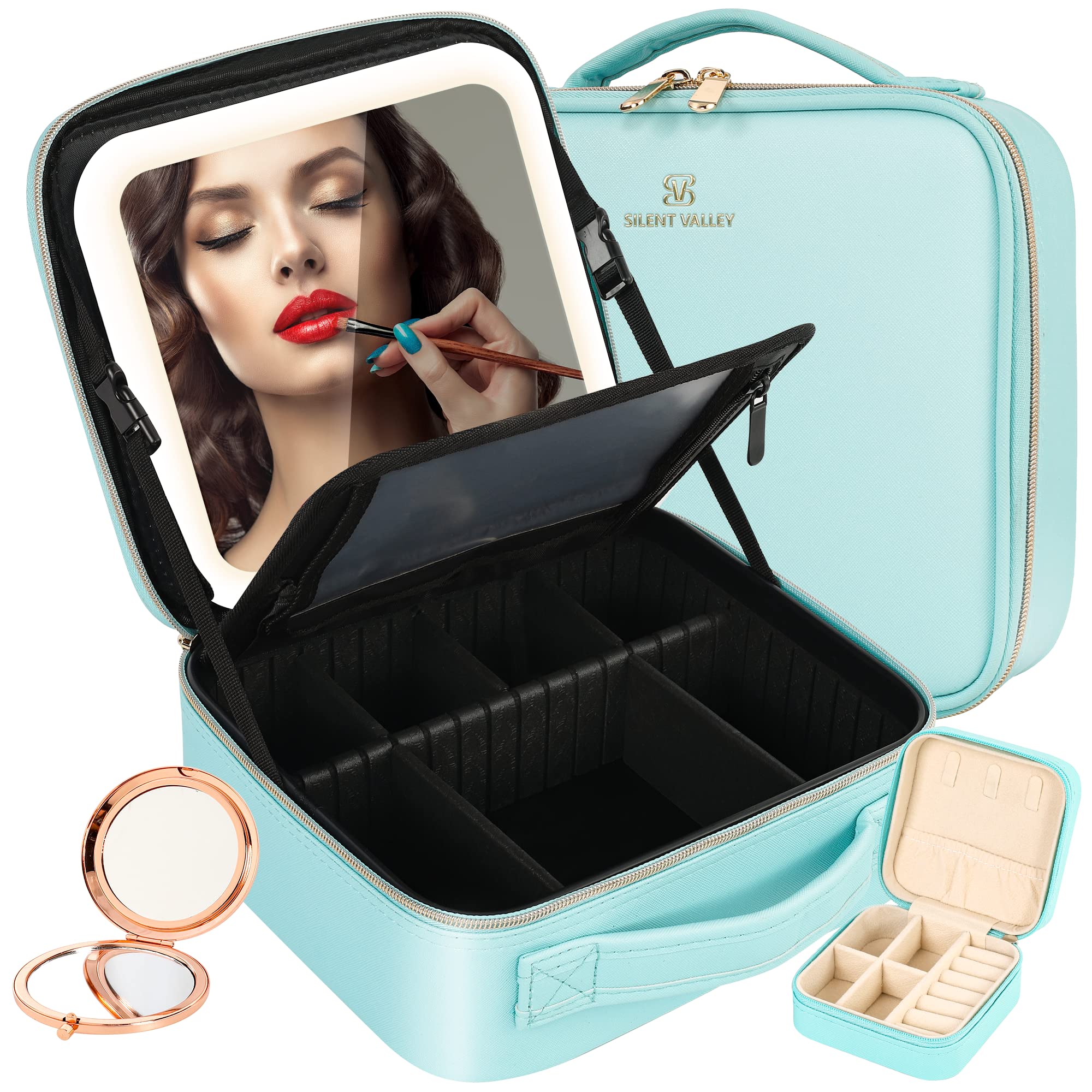 Silent Valley Lighted Makeup Bag with Detachable Mirror - 3 Color Modes, Adjustable Brightness, Large Waterproof Cosmetic Organizer with Dividers for Brushes & Toiletries (Blue) - Perfect for Travel, Home Storage & Gift Giving
