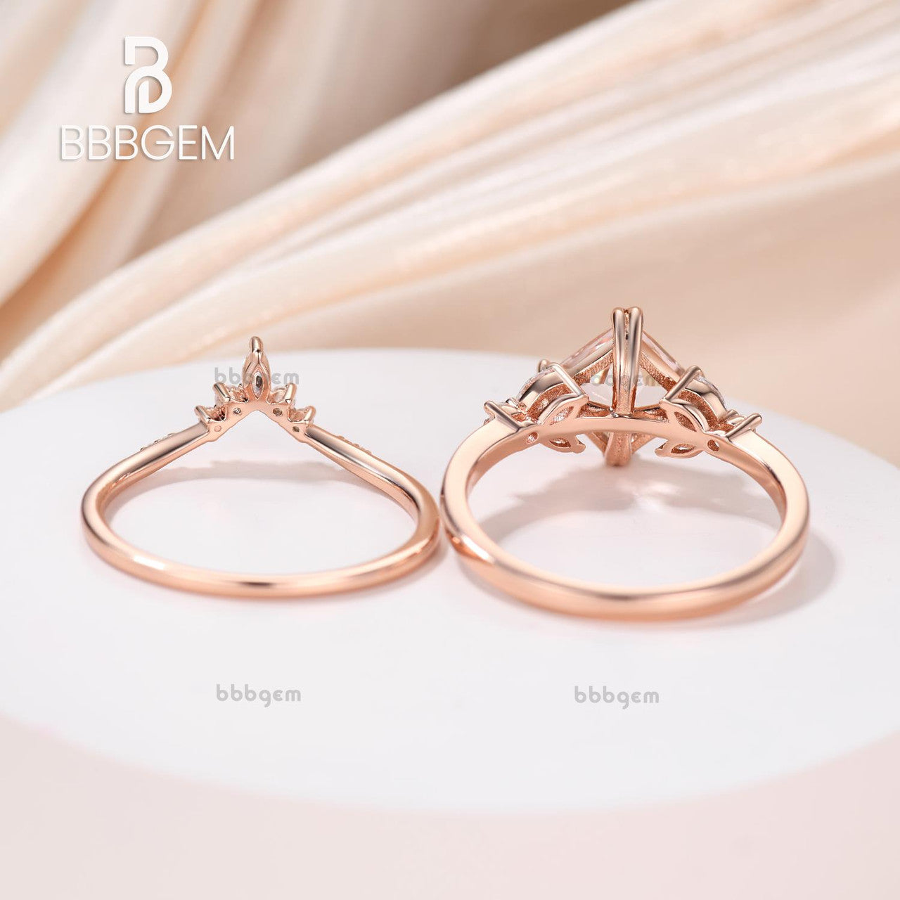 14K Rose Gold Princess Cut Peach Morganite Anniversary Ring Set - Elegant Gift for Her, Perfect for Weddings, Engagements & Special Occasions