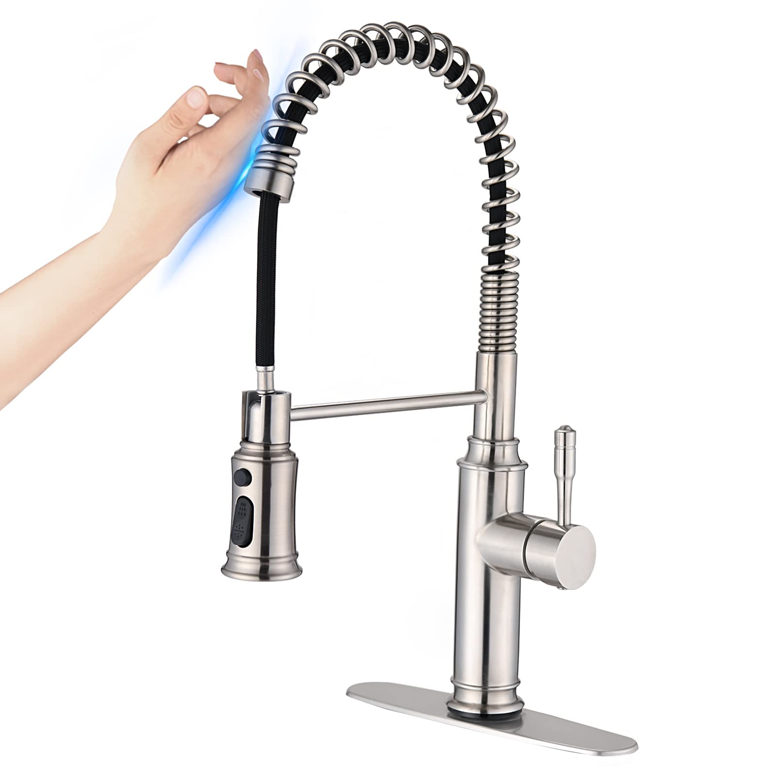 Commercial Spring Kitchen Faucet with Pull Down Sprayer - Stainless Steel Single Handle Brushed Nickel Sink Faucet with Deck Plate - Perfect for Farmhouse, RV, Utility Bar & Laundry Sinks - Durable & Stylish for Everyday Kitchen & Commercial Use