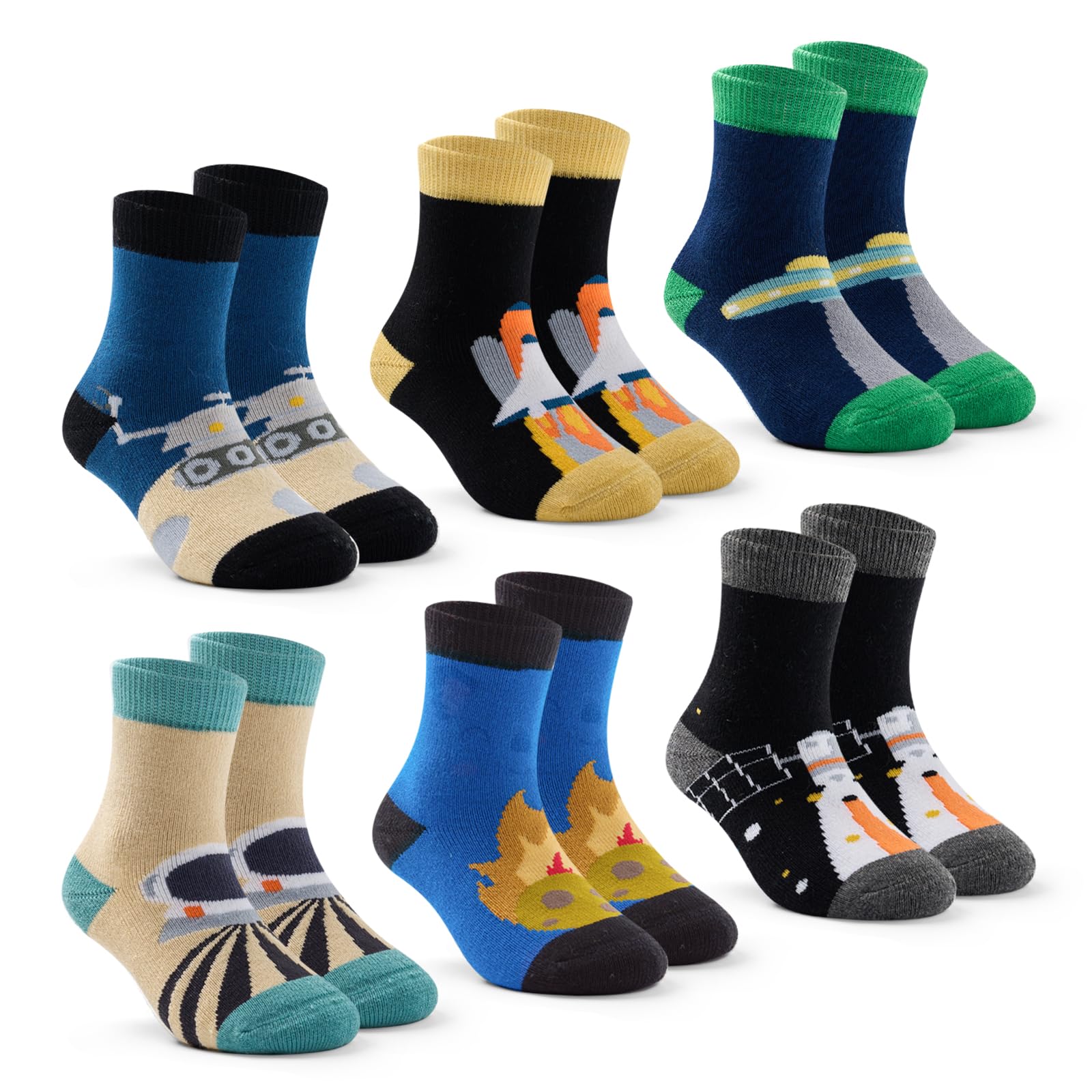 Girls Winter Socks 6 Pack - Warm Thermal Terry Crew Socks for Kids & Toddlers - Cozy Non-Slip Socks for School, Snow Boots & Cold Weather Activities