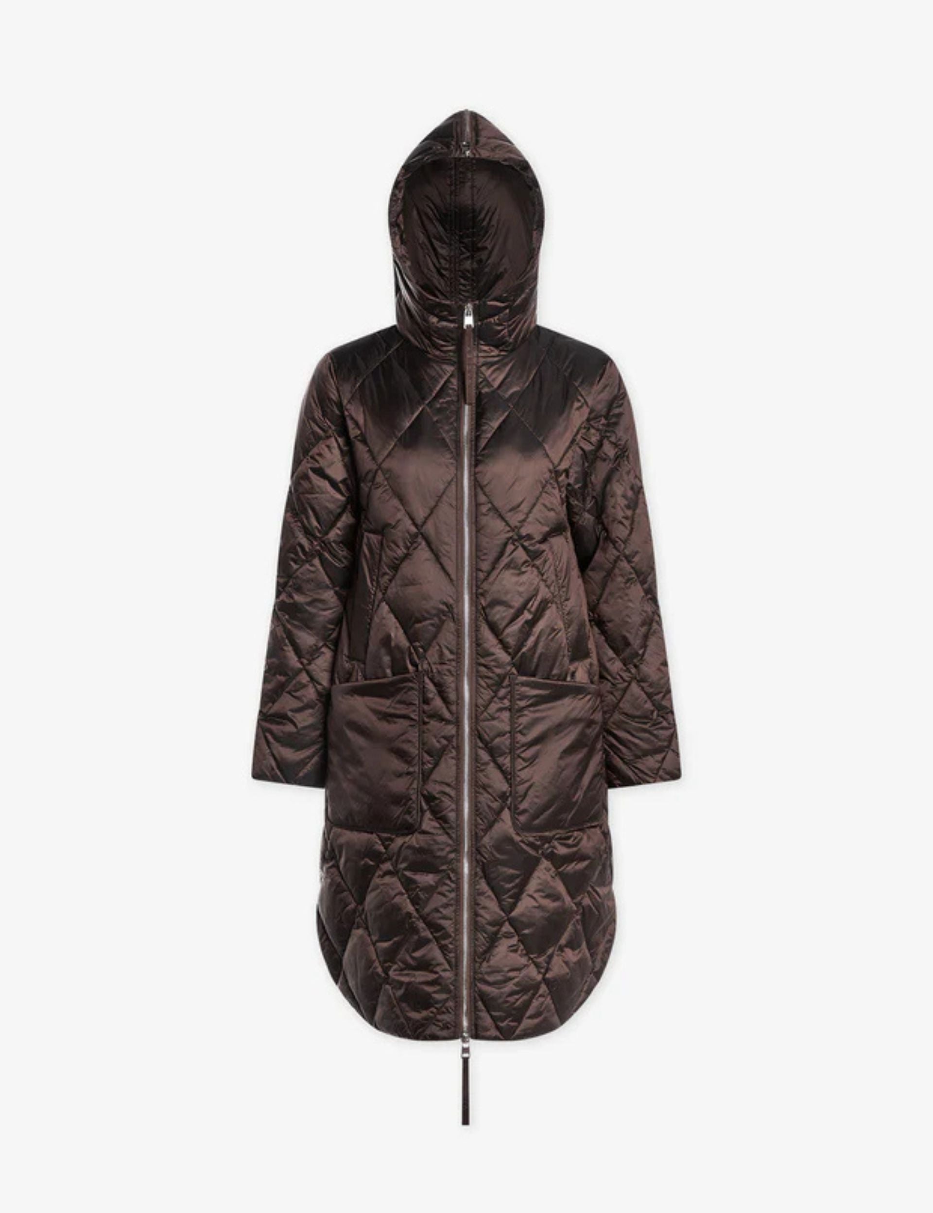 Frisco Long Quilted Jacket for Women - Stylish Coffee Quartz Metallic Coat | Perfect for Fall & Winter Outdoor Activities