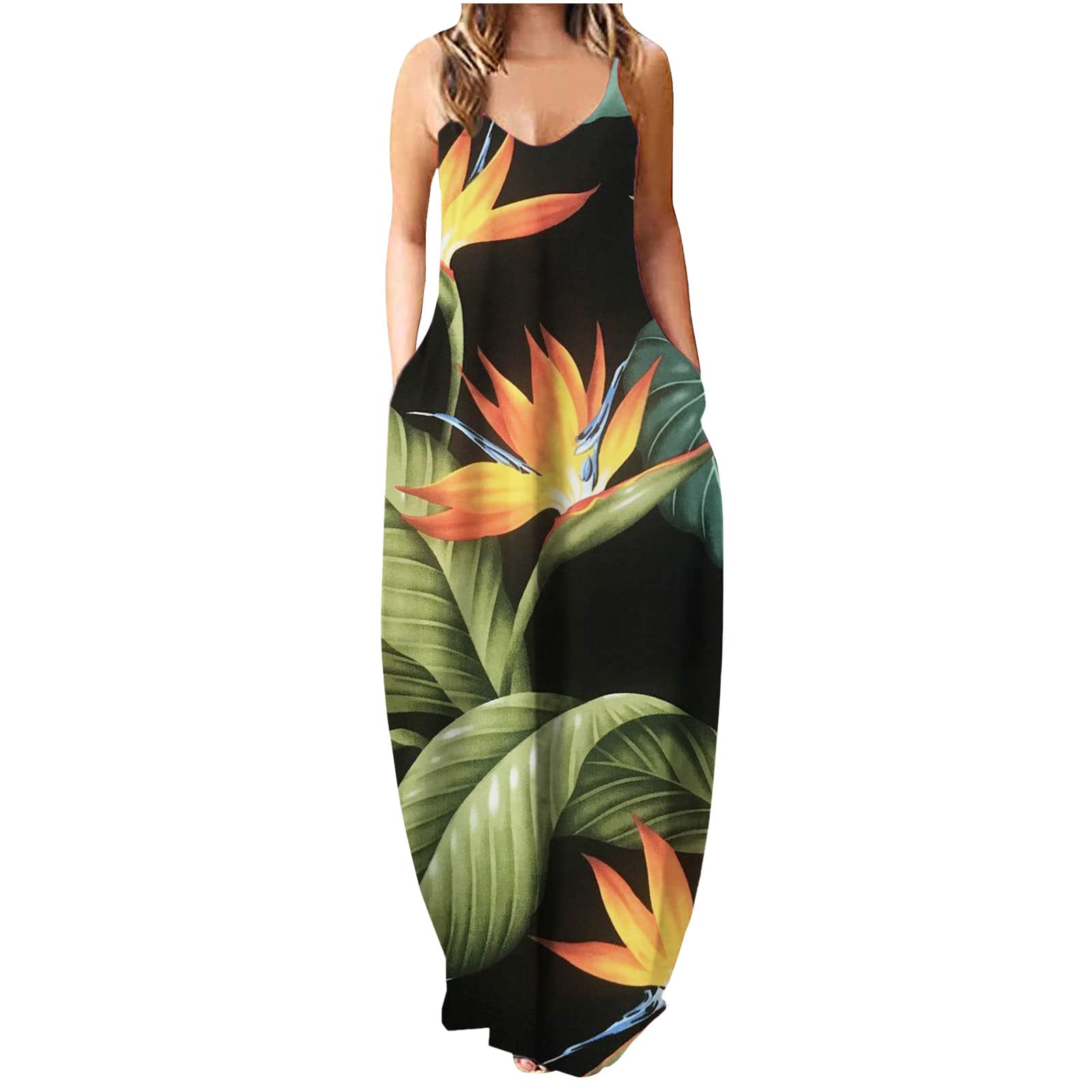 Plus Size Maxi Dress for Women - Sexy Sleeveless Spaghetti Strap V Neck Boho Summer Dress with Pockets | Casual Long Dress for Beach, Vacation & Date Night