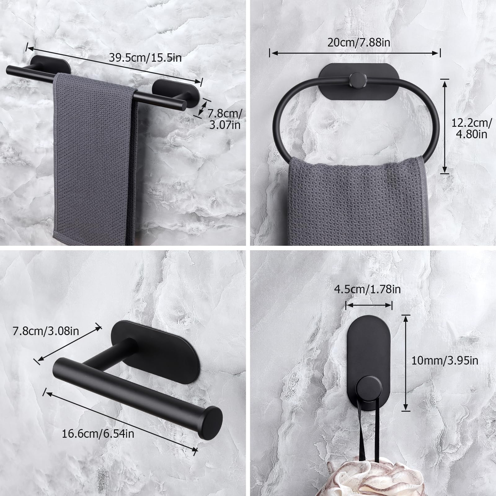 JiGiU No Drill Stick On Bathroom Hardware Set - 16-Inch Self Adhesive Towel Bar, Toilet Paper Holder, Towel Ring & 3 Hooks - Stainless Steel Black - Perfect for Small Bathrooms, Apartments & RVs