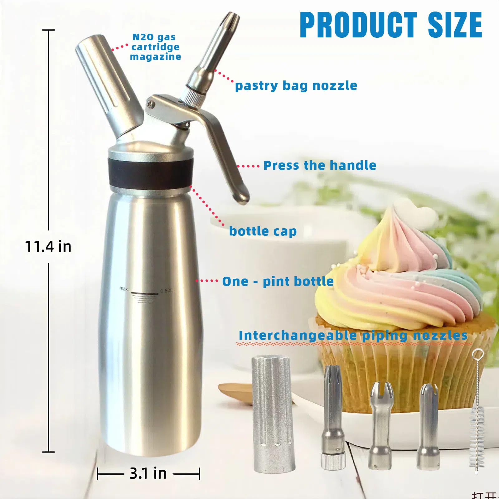 Stainless Steel Whipped Cream Dispenser with Nozzles - 500ml for Baking & Desserts