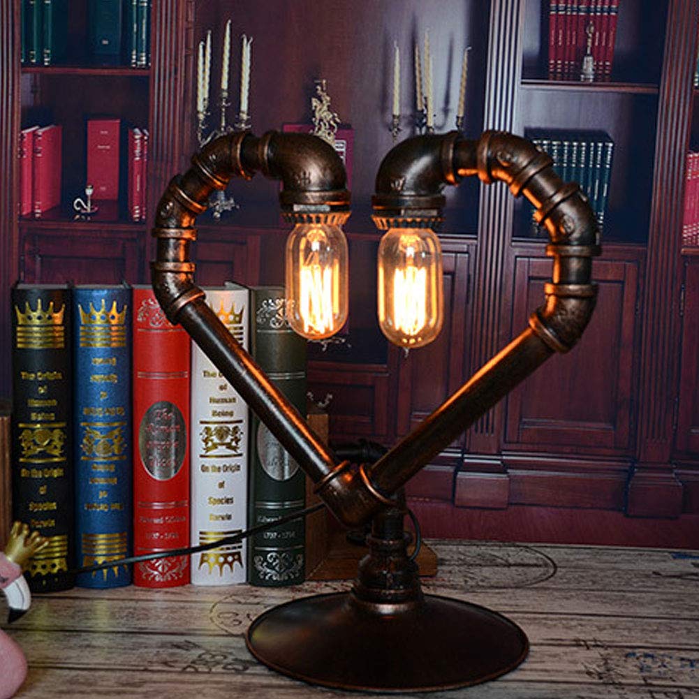Vintage Industrial Table Lamp - Retro Wrought Iron Heart-Shaped Steampunk Desk Light with E27 Bulb Socket for Bedroom, Living Room, Office & Reading Nook - Perfect for Cozy Nights & Home Decor