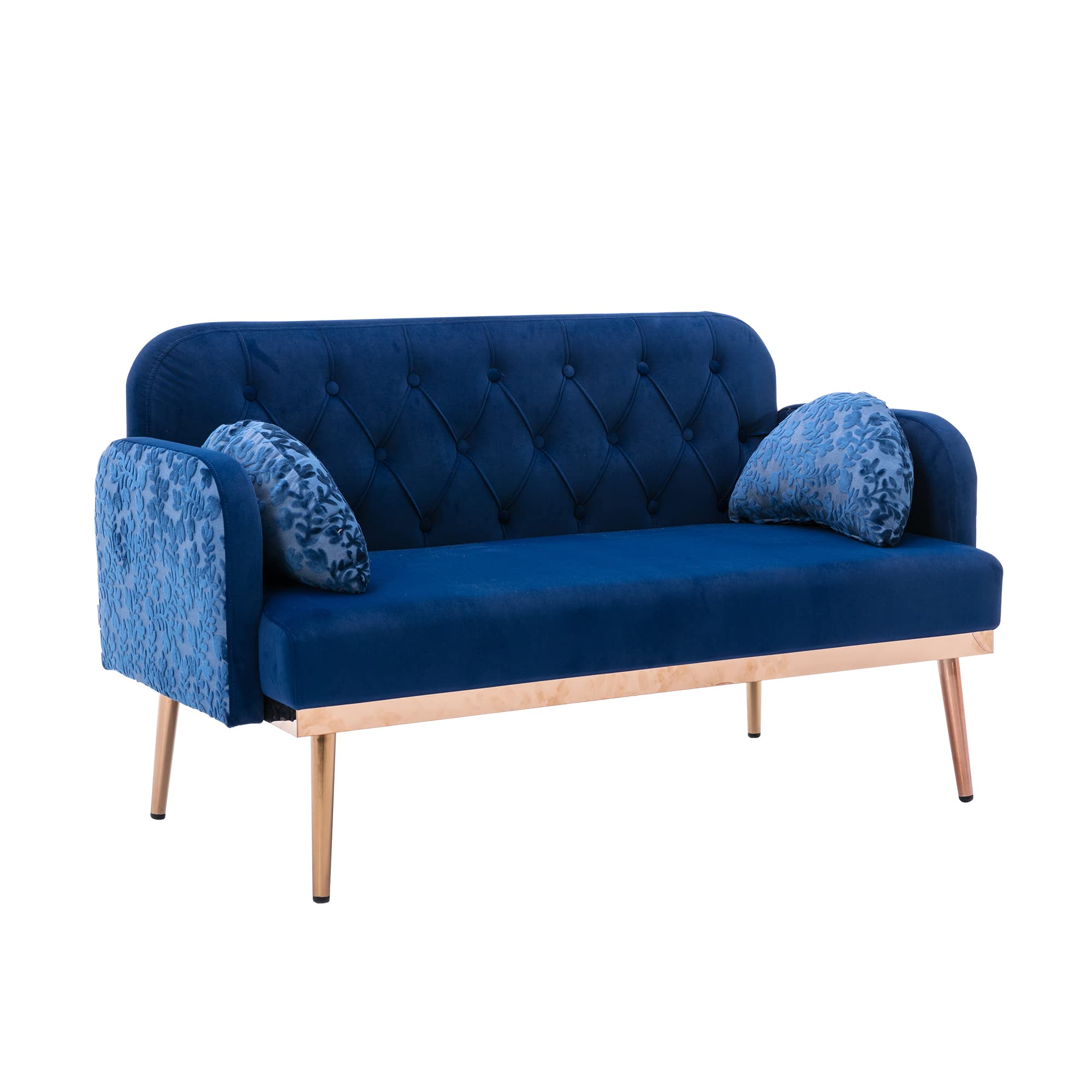 Velvet Accent Loveseat Sofa with Gold Legs & 2 Soft Pillows - Navy Blue Small Couch for Living Room, Bedroom, Apartment - Perfect for Cozy Seating & Home Decor