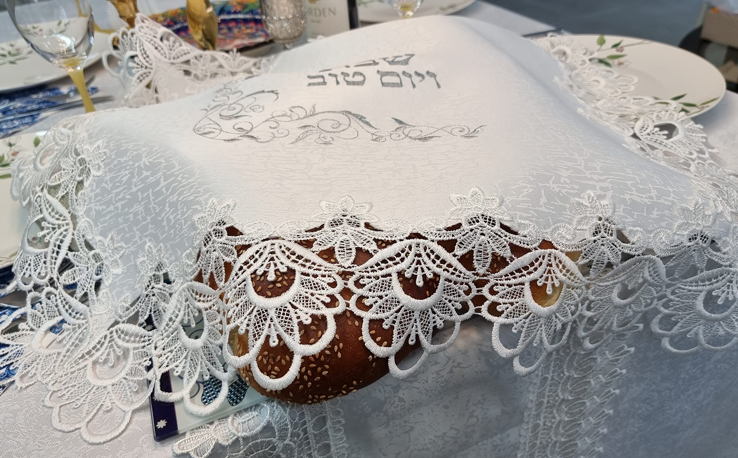 TALISMAN4U White Challah Bread Cover for Shabbat - Silver Floral Embroidered Lace Decoration Judaica Gift (20 x 17 inches) - Perfect for Jewish Holidays, Sabbath Meals & Home Decor