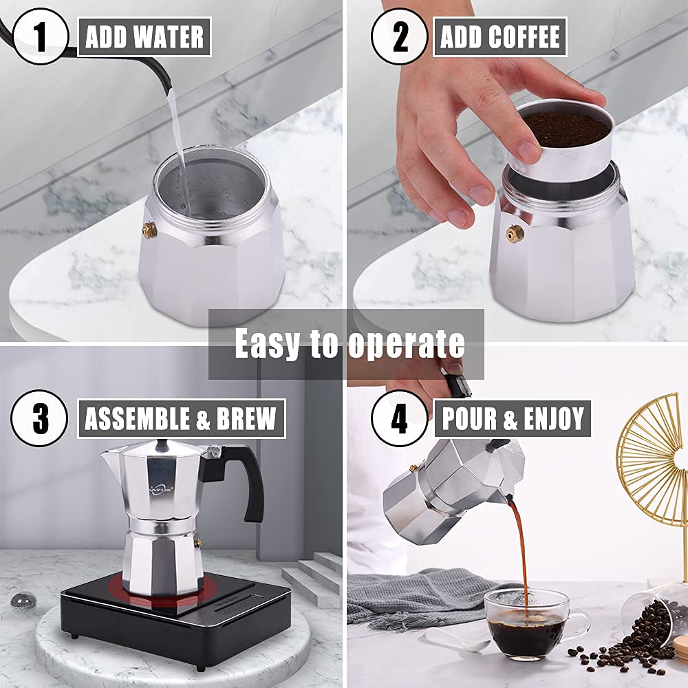 Classic 6-Cup Stovetop Espresso Maker - Aluminum Moka Pot for Cuban Coffee | Perfect for Home Brewing & Camping | Makes Rich Espresso & Cafe Cubano