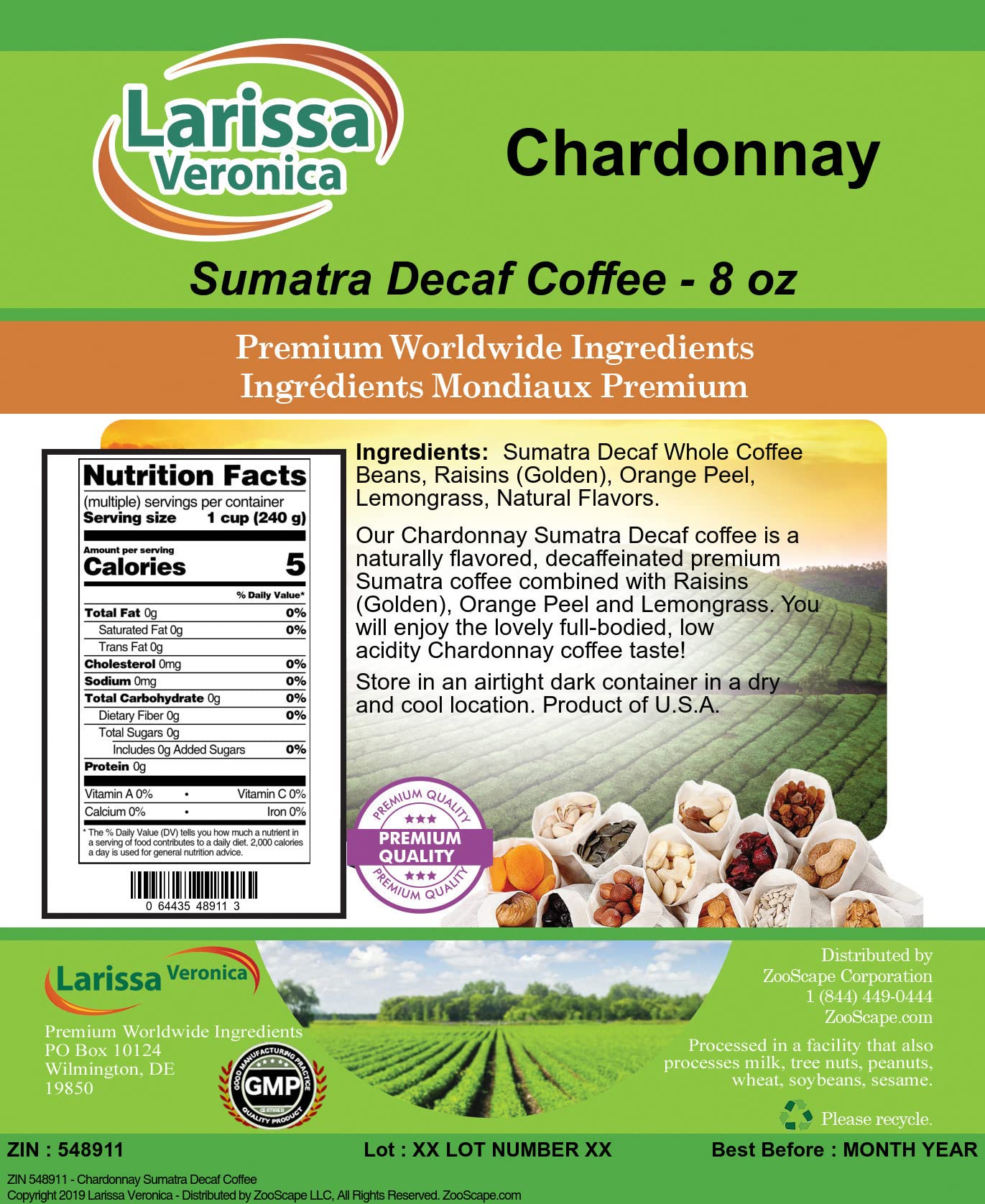 **Premium Chardonnay Sumatra Decaf Coffee - Gourmet Naturally Flavored Whole Coffee Beans (8 oz) - Perfect for Home Brewing & Gifting**