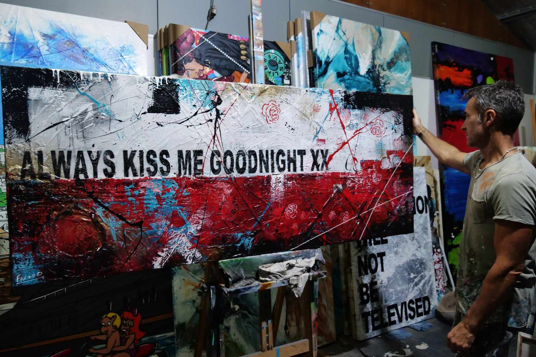 Always Forever 200cm x 80cm Kiss Me Goodnight Urban Pop Art Abstract Canvas Painting - Modern Home Decor for Living Room, Bedroom Wall Art