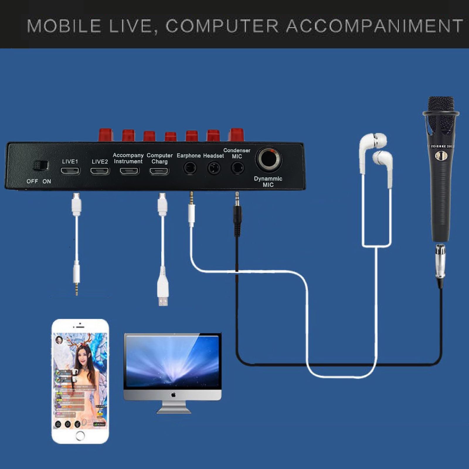QIeAny Rechargeable USB Sound Card with 12 Voice Effects - Portable Audio Mixer for Live Streaming, Podcasting & Gaming - Compatible with PC, Mobile & Laptop (12-Hour Battery Life) - Perfect for TikTok, YouTube & Discord Voice Changer
