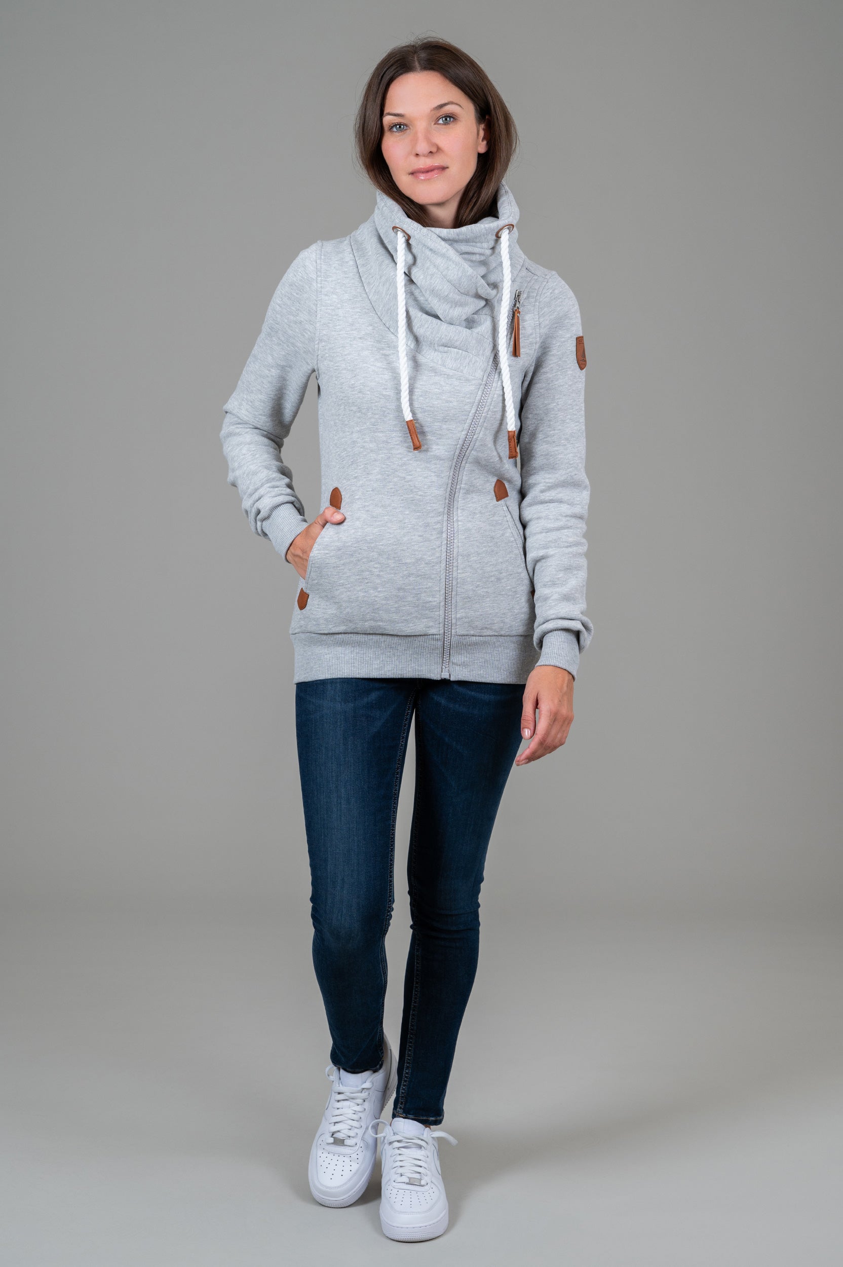 Hestia Light Heather Grey Zip Cowl Neck Sweatshirt - Women's Casual Pullover Hoodie for Fall & Winter | Cozy Lounge Wear, Street Style Fashion