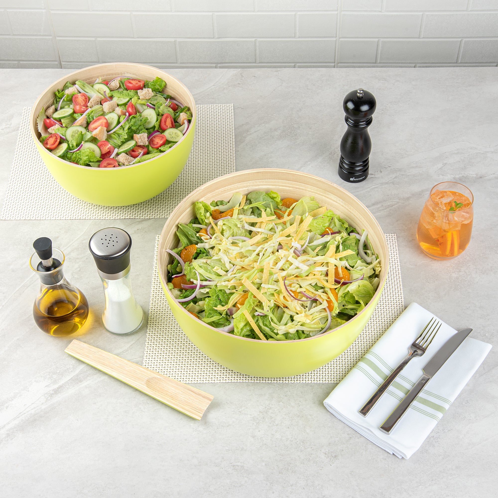 Bambuddha 51 oz Large Round Green Spun Bamboo Salad Bowl - 13.5