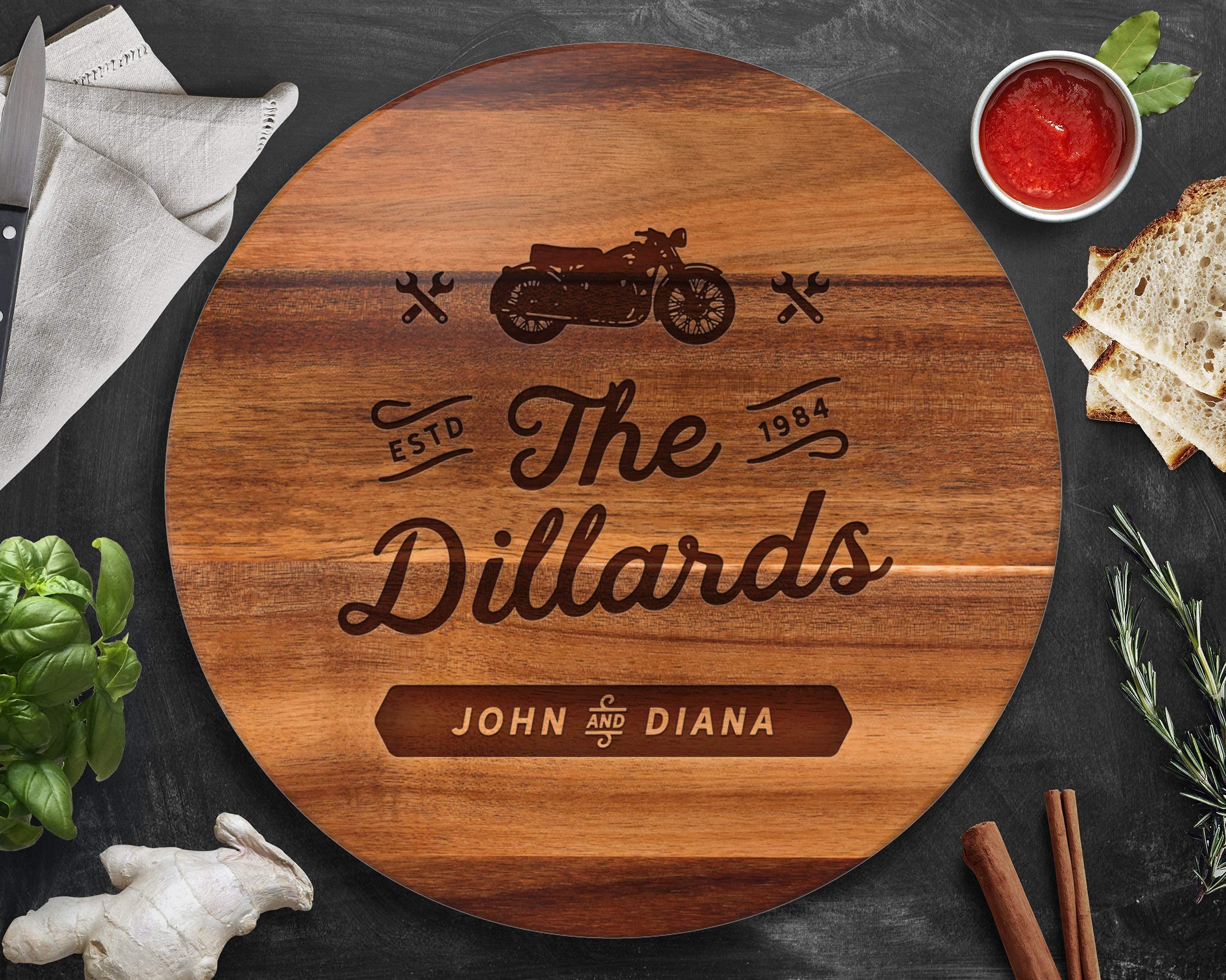 Personalized Engraved Wood Lazy Susan Turntable - Unique Motorcycle Lover Gift for Mom, Wife, Anniversary & Mother's Day Present - Perfect for Dining Table Decor, Kitchen Organization & Home Entertaining