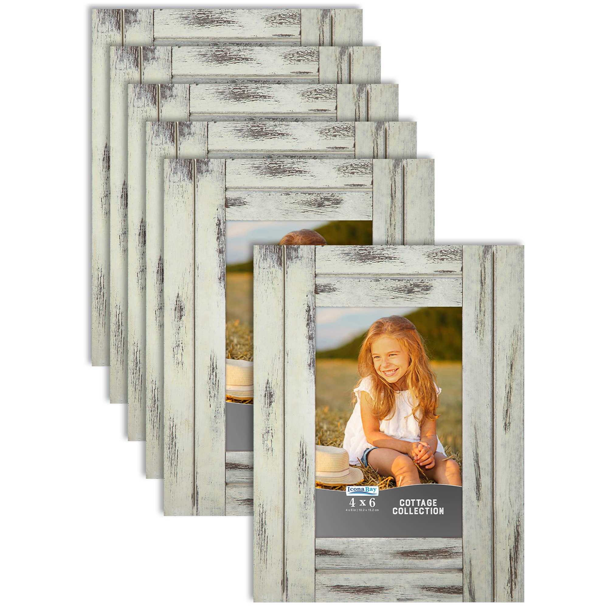 Icona Bay 4x6 Picture Frames (10x15 cm) - 6 Pack Rustic Wood Photo Frames in Creamery White, Natural Real Wood Wall Decor for Home, Office & Cottage Style Display