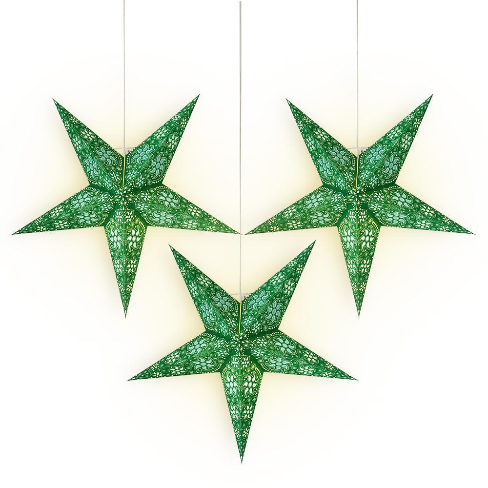 3 Pack 24 Inch Green Winds Paper Star Lanterns with LED Bulbs & Lamp Cord - Decorative Hanging Lights for Christmas, Party, Wedding & Home Decor