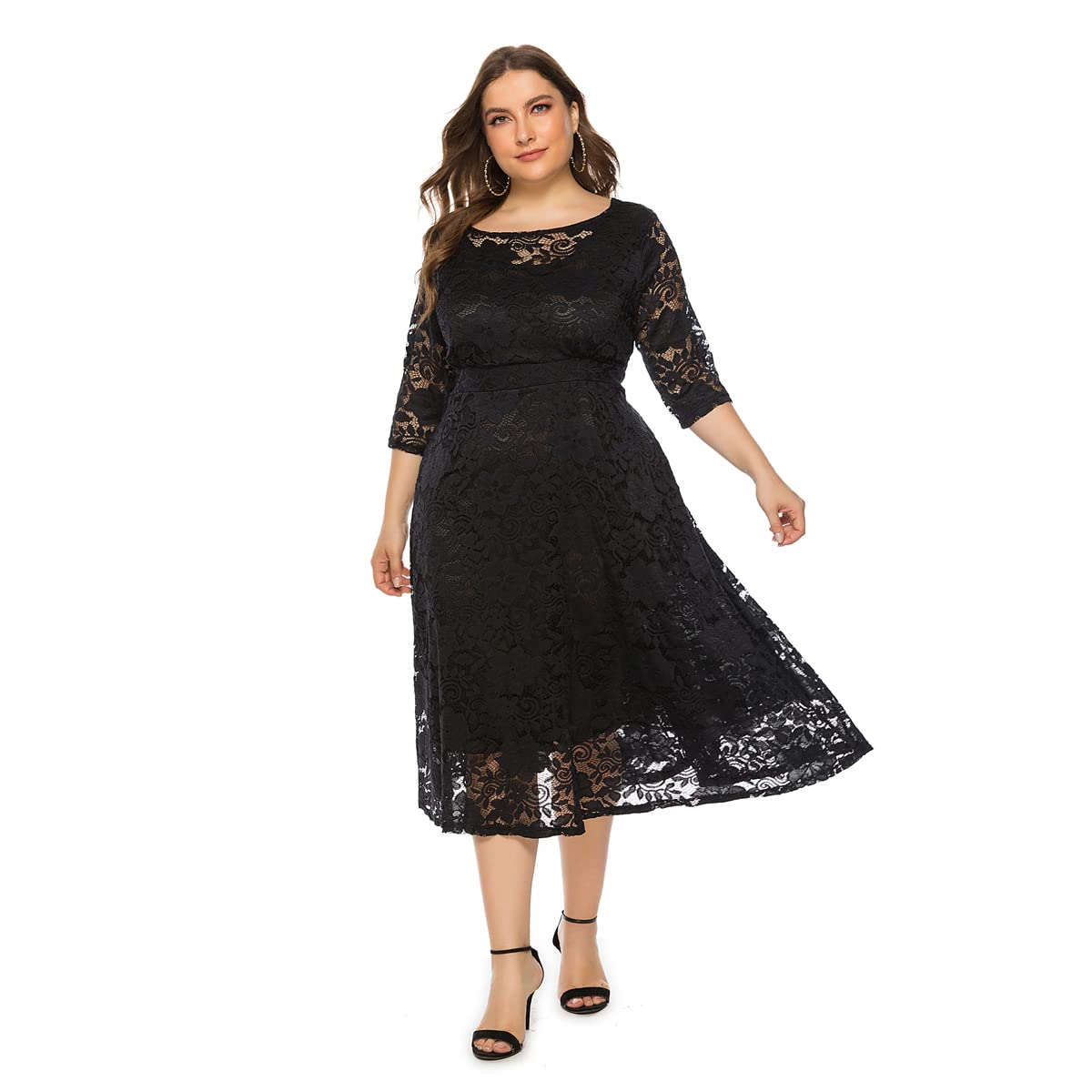 Plus Size Summer Dresses for Women - Floral Lace Round Neck Midi Dress for Wedding, Party & Special Occasions | Breathable & Comfortable Casual Wear