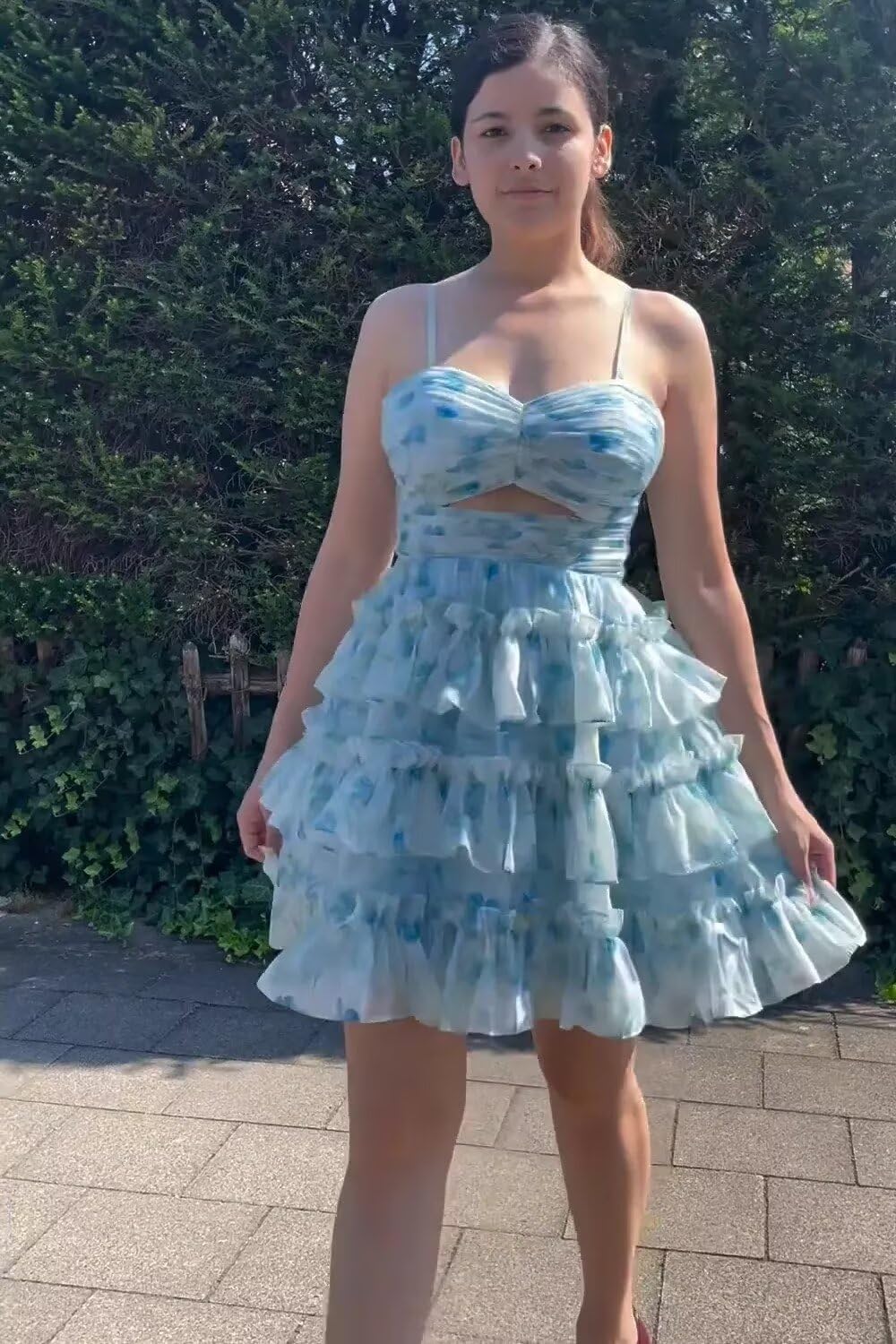 Stylefun 2025 Floral A-Line Short Prom Dress for Teens - Spaghetti Straps Tiered Tulle Homecoming Dress (CYM232) | Perfect for School Dances, Parties & Special Occasions