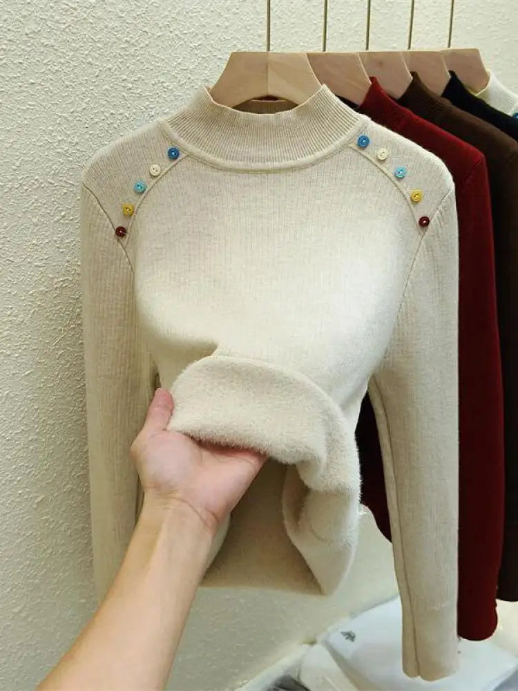 Women's Solid Color Velvet Button Sweater - Korean Fashion Warm Knitwear Long Sleeve Pullover Top for Autumn Winter | Cozy Thick Festival Wear for Holiday Parties & Casual Outings